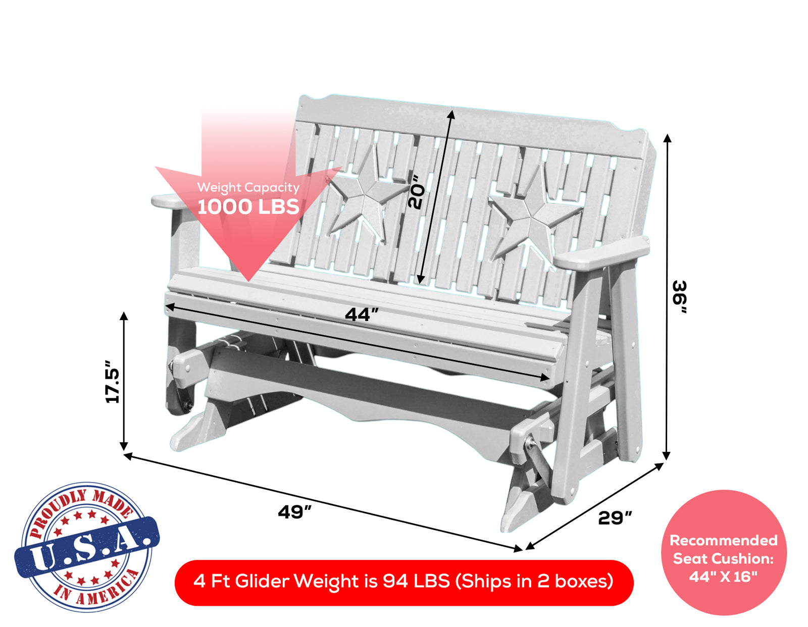 Amish Made Star Series Poly Plastic Lumber Wood Glider Premium Colors Made in USA HDPE with No wood fibers Memorial Patio Porch Park Church Glider Signature design 1000 lbs Limit