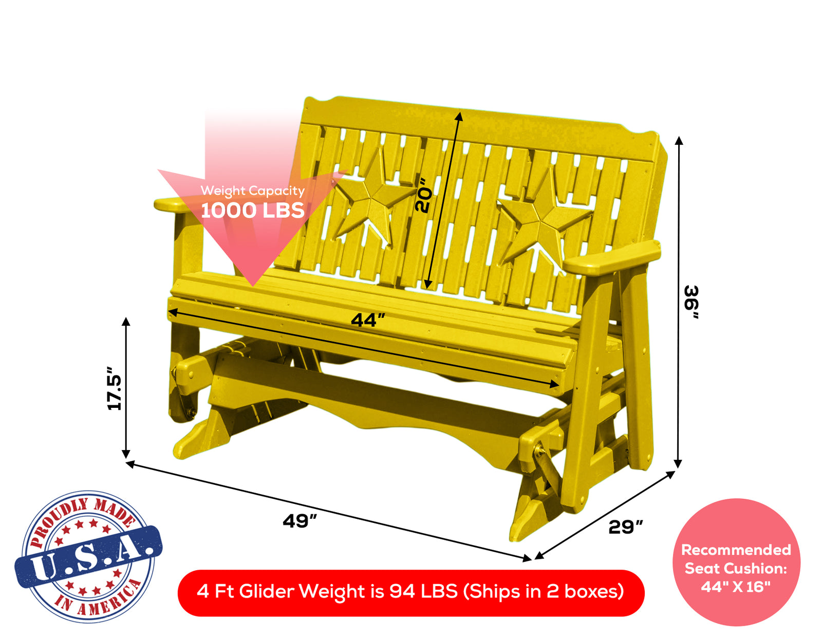 Amish Made Star Series Poly Plastic Lumber Wood Glider Premium Colors Made in USA HDPE with No wood fibers Memorial Patio Porch Park Church Glider Signature design 1000 lbs Limit