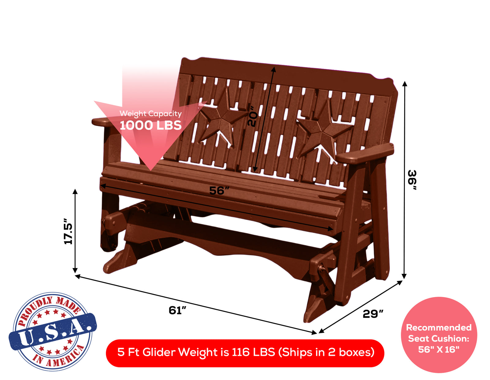 Amish Made Star Series Poly Plastic Lumber Wood Glider Premium Colors Made in USA HDPE with No wood fibers Memorial Patio Porch Park Church Glider Signature design 1000 lbs Limit