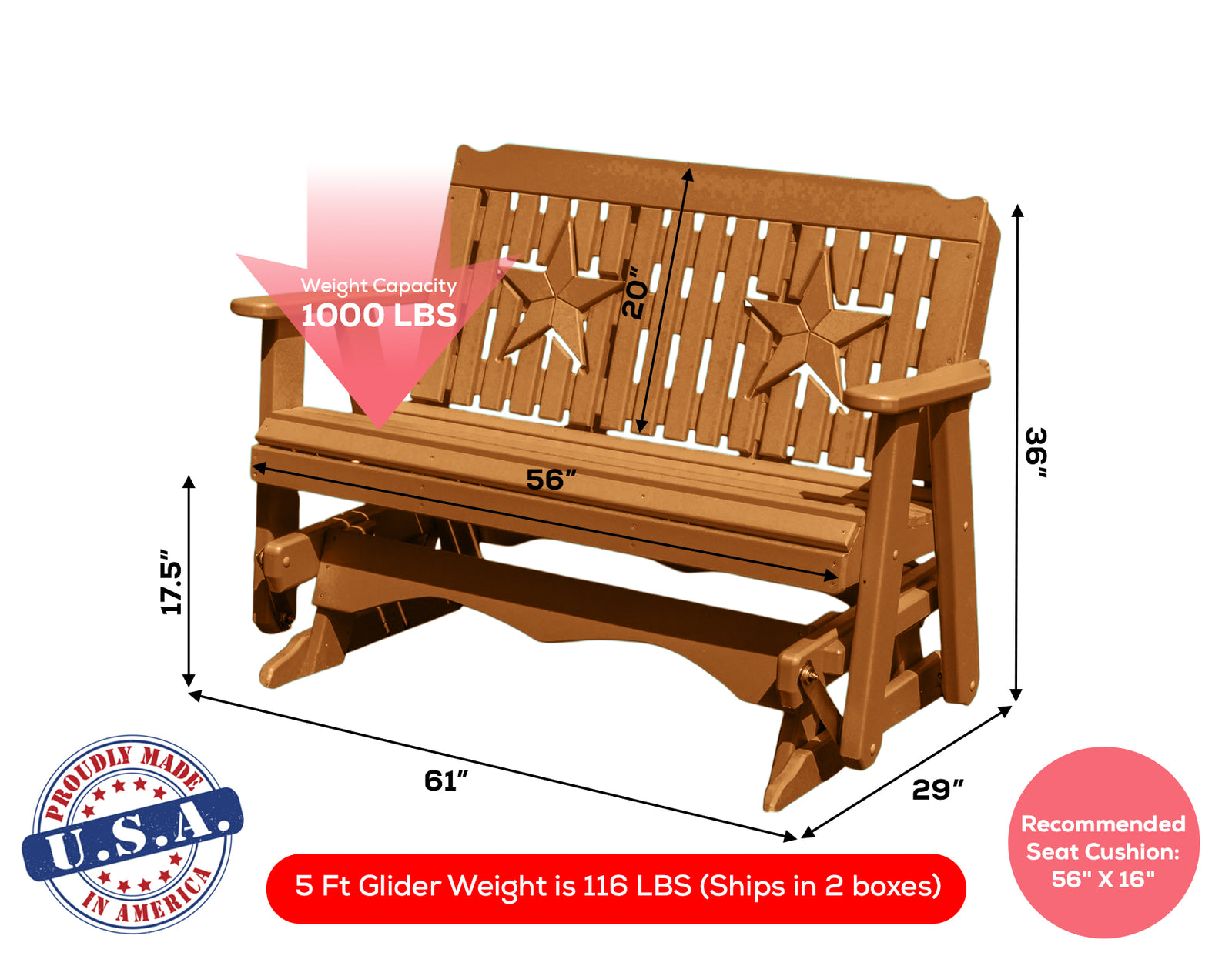 Amish Made Star Series Poly Plastic Lumber Wood Glider Premium Colors Made in USA HDPE with No wood fibers Memorial Patio Porch Park Church Glider Signature design 1000 lbs Limit