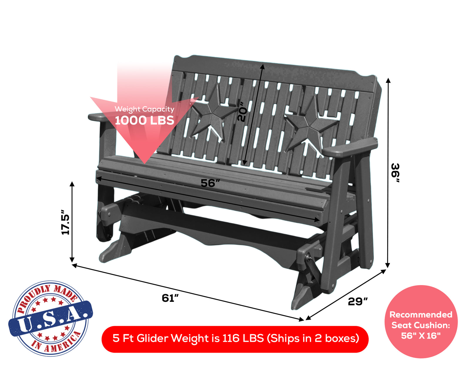 Amish Made Star Series Poly Plastic Lumber Wood Glider Premium Colors Made in USA HDPE with No wood fibers Memorial Patio Porch Park Church Glider Signature design 1000 lbs Limit