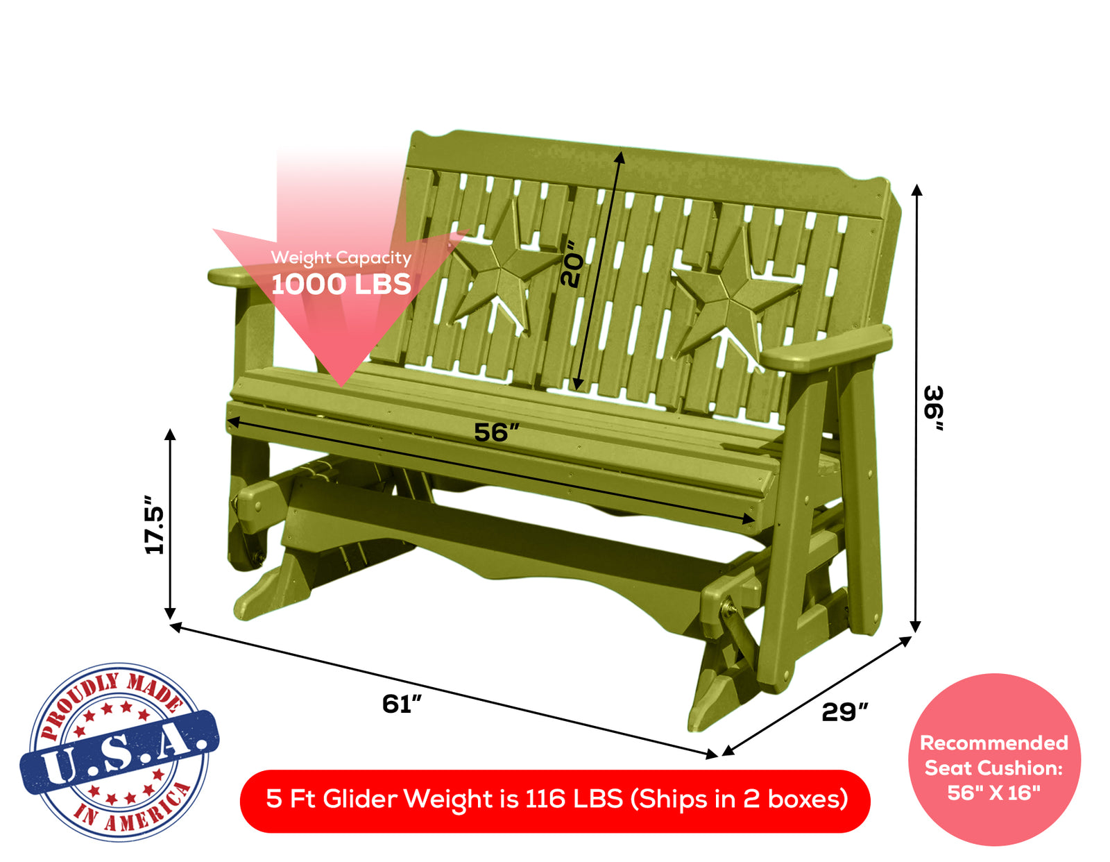 Amish Made Star Series Poly Plastic Lumber Wood Glider Premium Colors Made in USA HDPE with No wood fibers Memorial Patio Porch Park Church Glider Signature design 1000 lbs Limit
