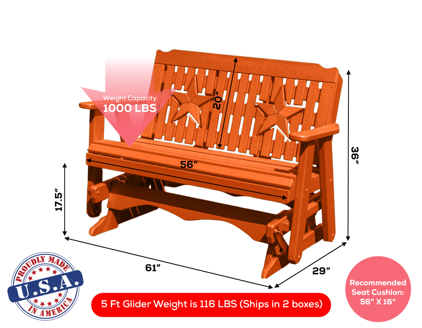 Amish Made Star Series Poly Plastic Lumber Wood Glider Premium Colors Made in USA HDPE with No wood fibers Memorial Patio Porch Park Church Glider Signature design 1000 lbs Limit