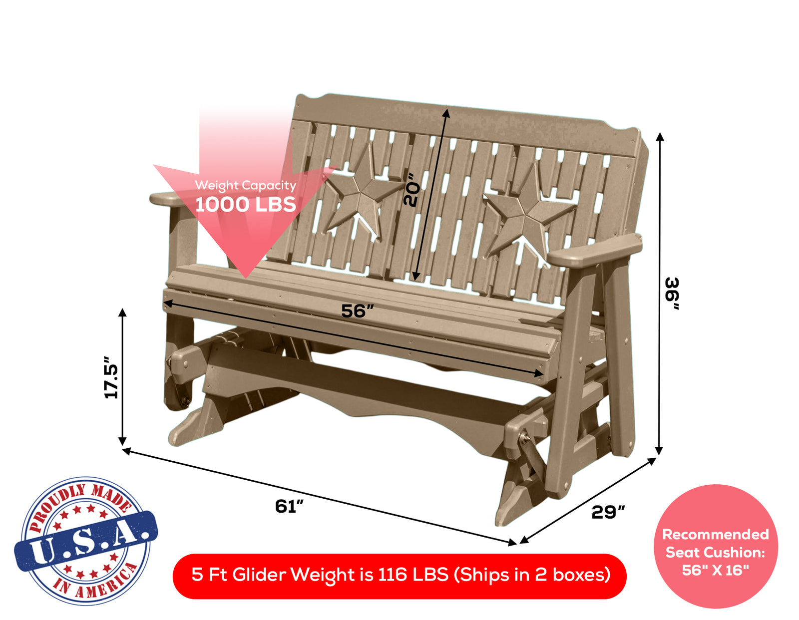 Amish Made Star Series Poly Plastic Lumber Wood Glider Premium Colors Made in USA HDPE with No wood fibers Memorial Patio Porch Park Church Glider Signature design 1000 lbs Limit
