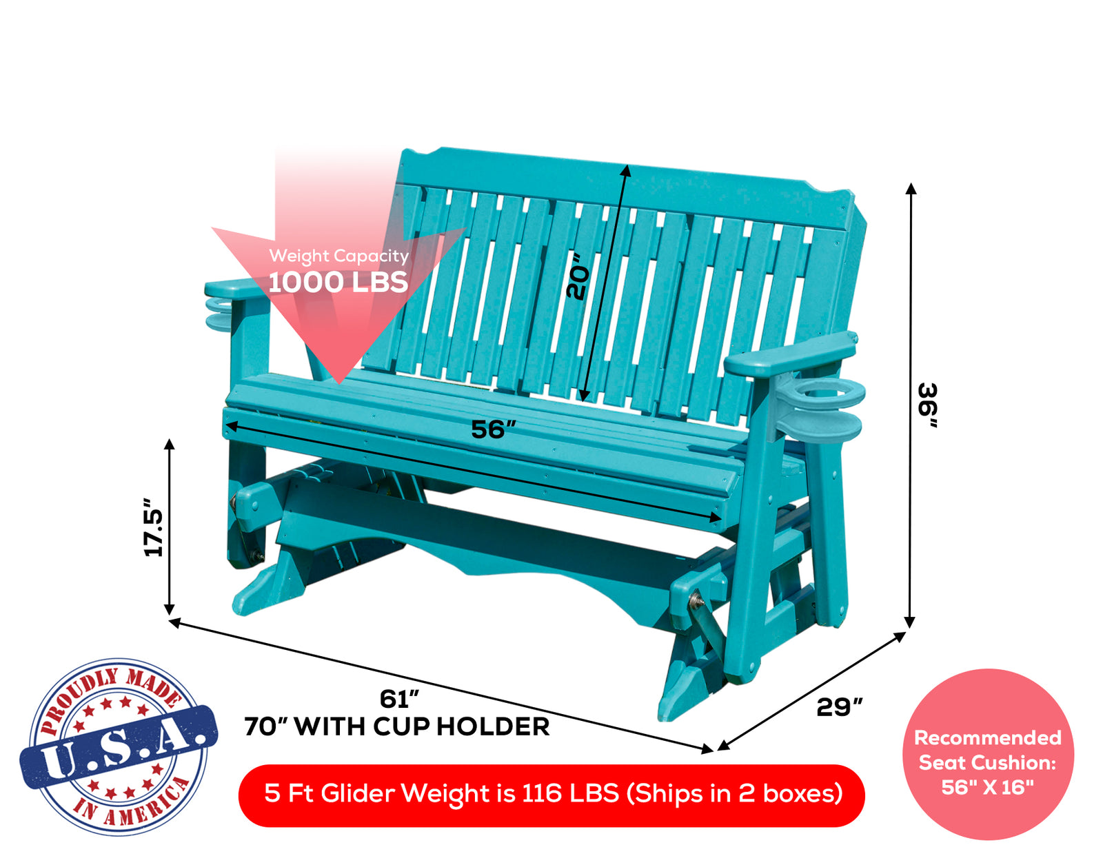 Amish Made Logan Series  Poly Plastic Lumber Wood Glider Premium Colors Made in USA HDPE with No wood fibers Memorial Patio Porch  Church Glider Signature design 1000 lbs Limit+G4:G5
