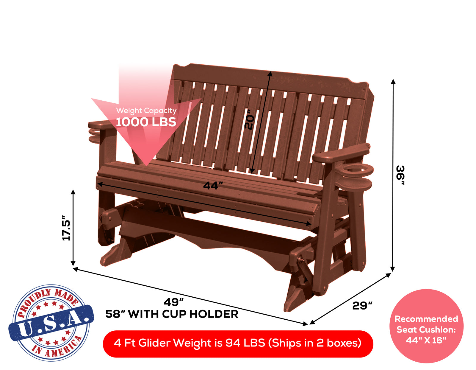 Amish Made Logan Series  Poly Plastic Lumber Wood Glider Premium Colors Made in USA HDPE with No wood fibers Memorial Patio Porch  Church Glider Signature design 1000 lbs Limit+G4:G5
