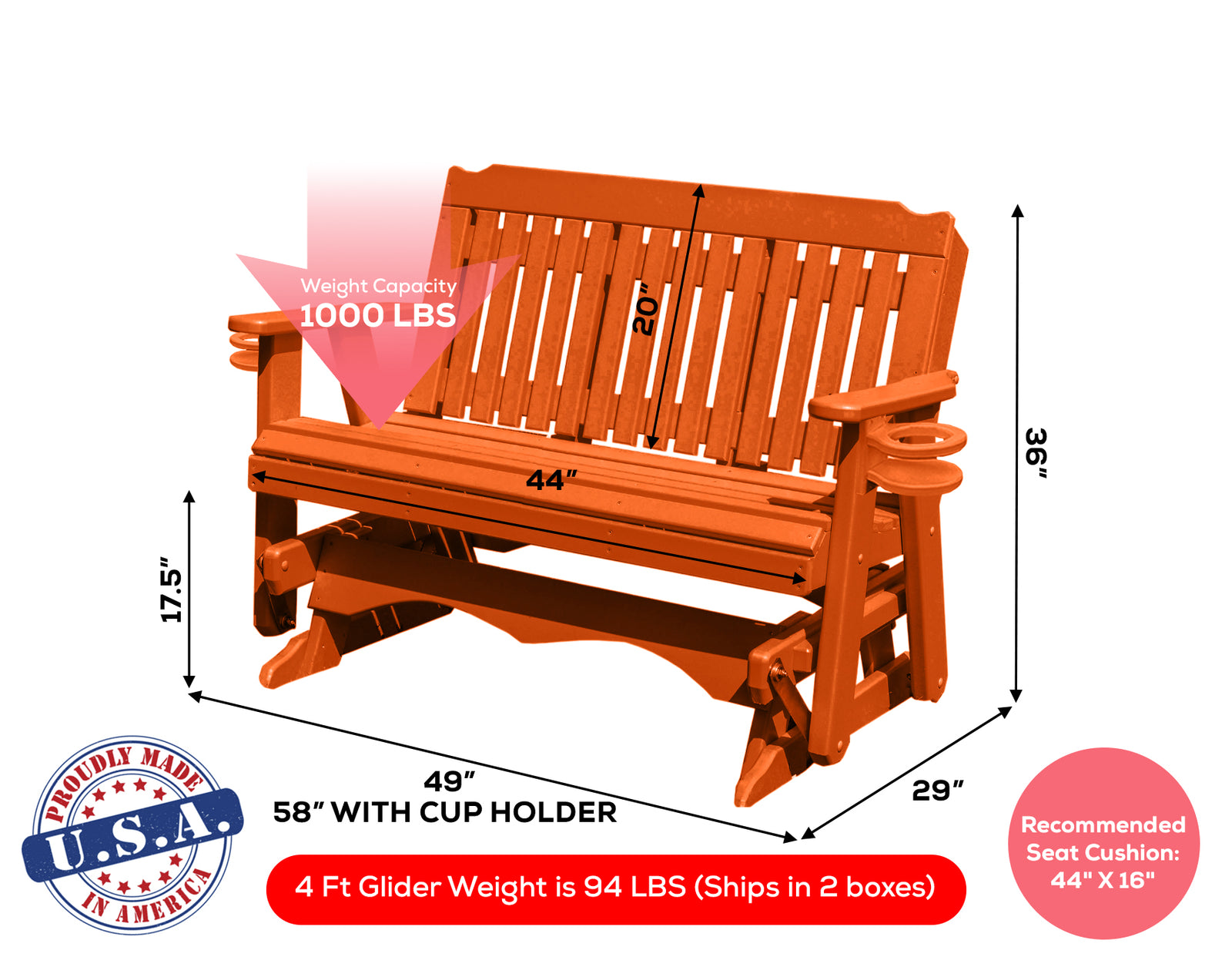 Amish Made Logan Series  Poly Plastic Lumber Wood Glider Premium Colors Made in USA HDPE with No wood fibers Memorial Patio Porch  Church Glider Signature design 1000 lbs Limit+G4:G5