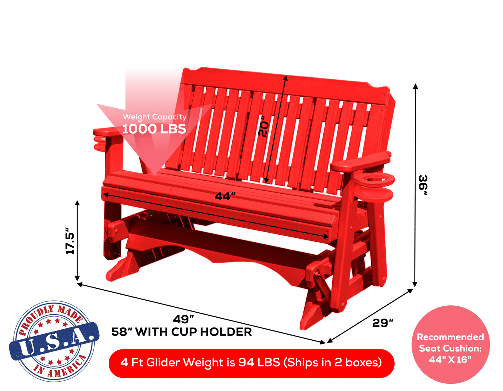 Amish Made Logan Series  Poly Plastic Lumber Wood Glider Premium Colors Made in USA HDPE with No wood fibers Memorial Patio Porch  Church Glider Signature design 1000 lbs Limit+G4:G5