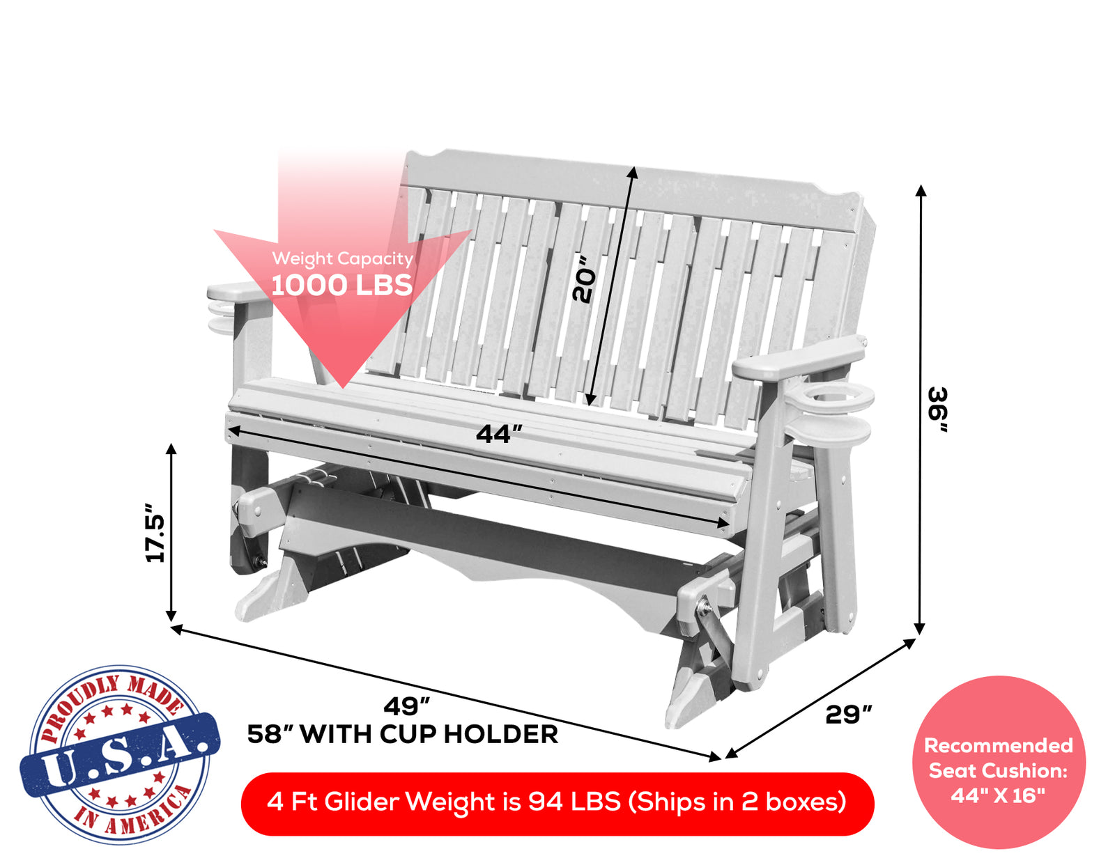 Amish Made Logan Series  Poly Plastic Lumber Wood Glider Premium Colors Made in USA HDPE with No wood fibers Memorial Patio Porch  Church Glider Signature design 1000 lbs Limit+G4:G5