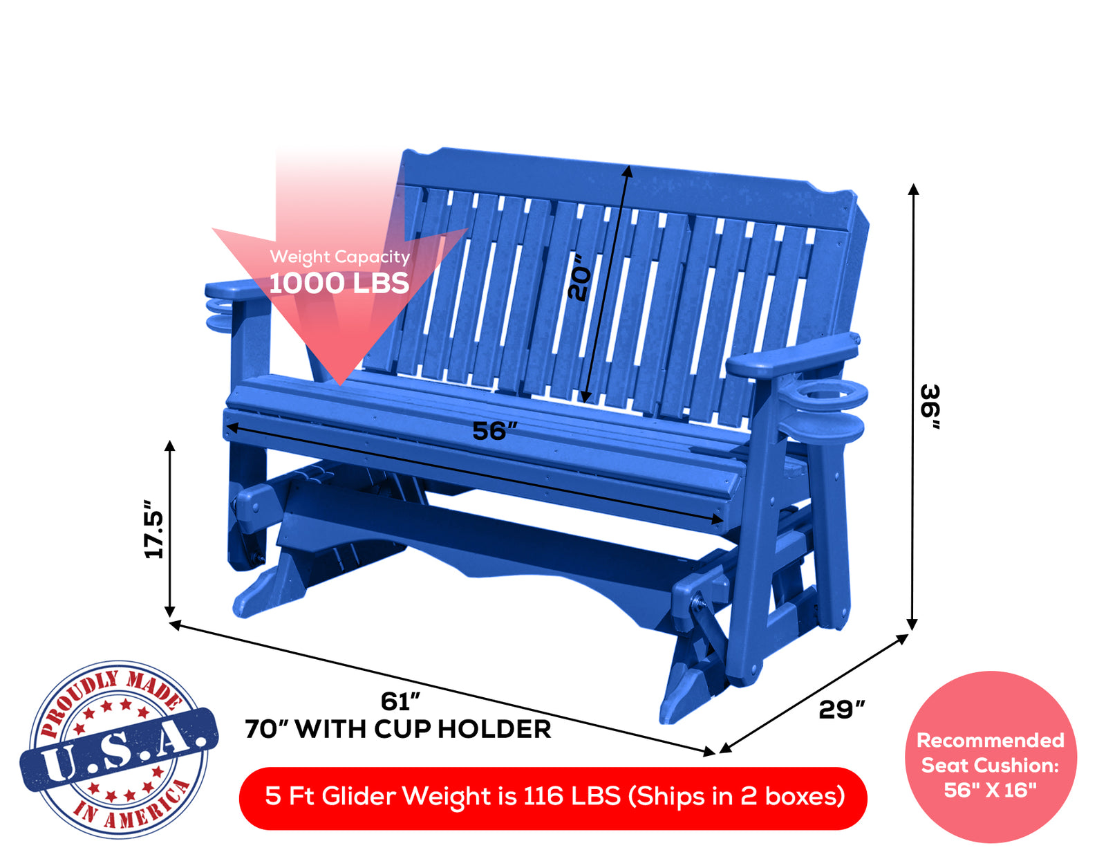 Amish Made Logan Series  Poly Plastic Lumber Wood Glider Premium Colors Made in USA HDPE with No wood fibers Memorial Patio Porch  Church Glider Signature design 1000 lbs Limit+G4:G5
