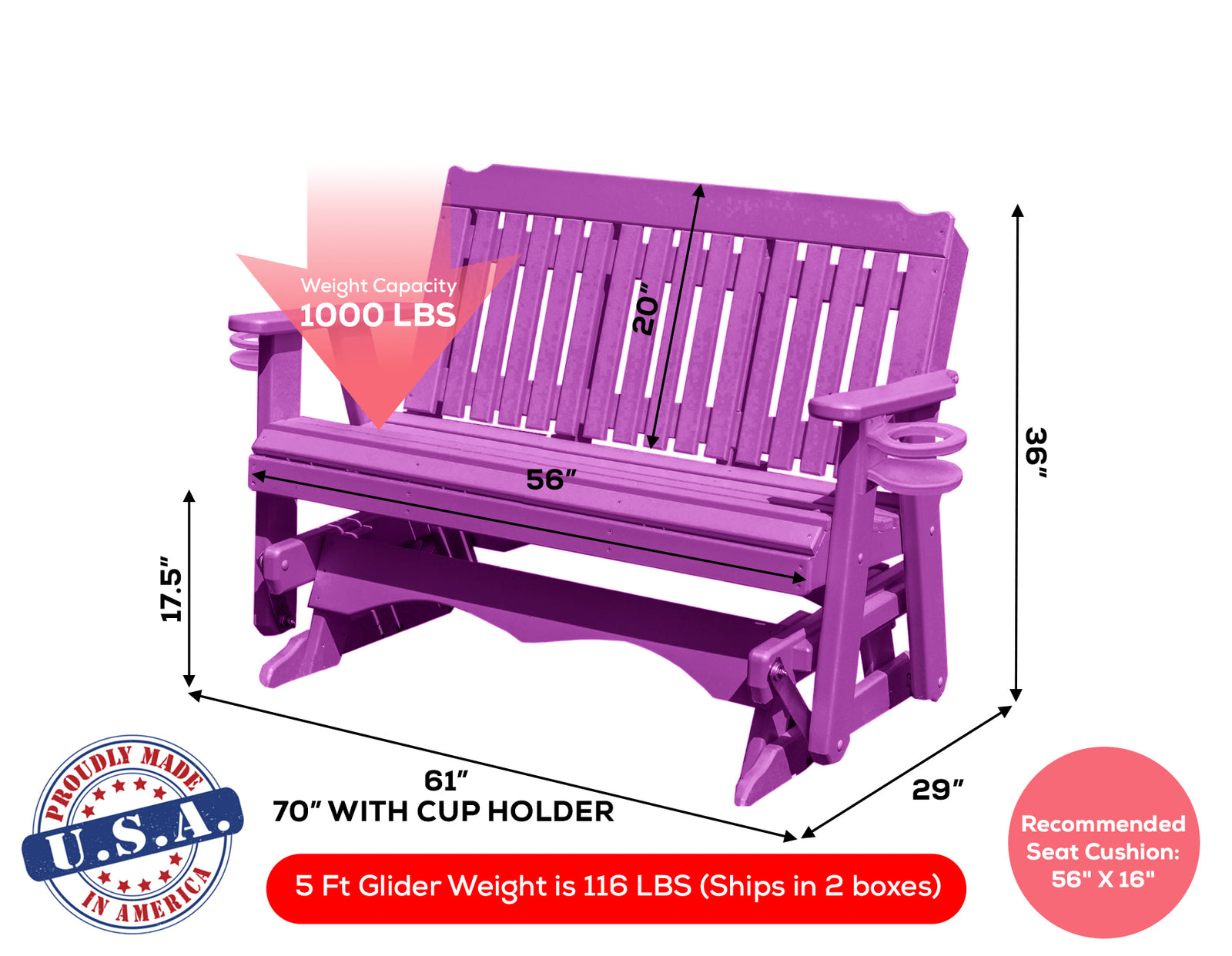 Amish Made Logan Series  Poly Plastic Lumber Wood Glider Premium Colors Made in USA HDPE with No wood fibers Memorial Patio Porch  Church Glider Signature design 1000 lbs Limit+G4:G5