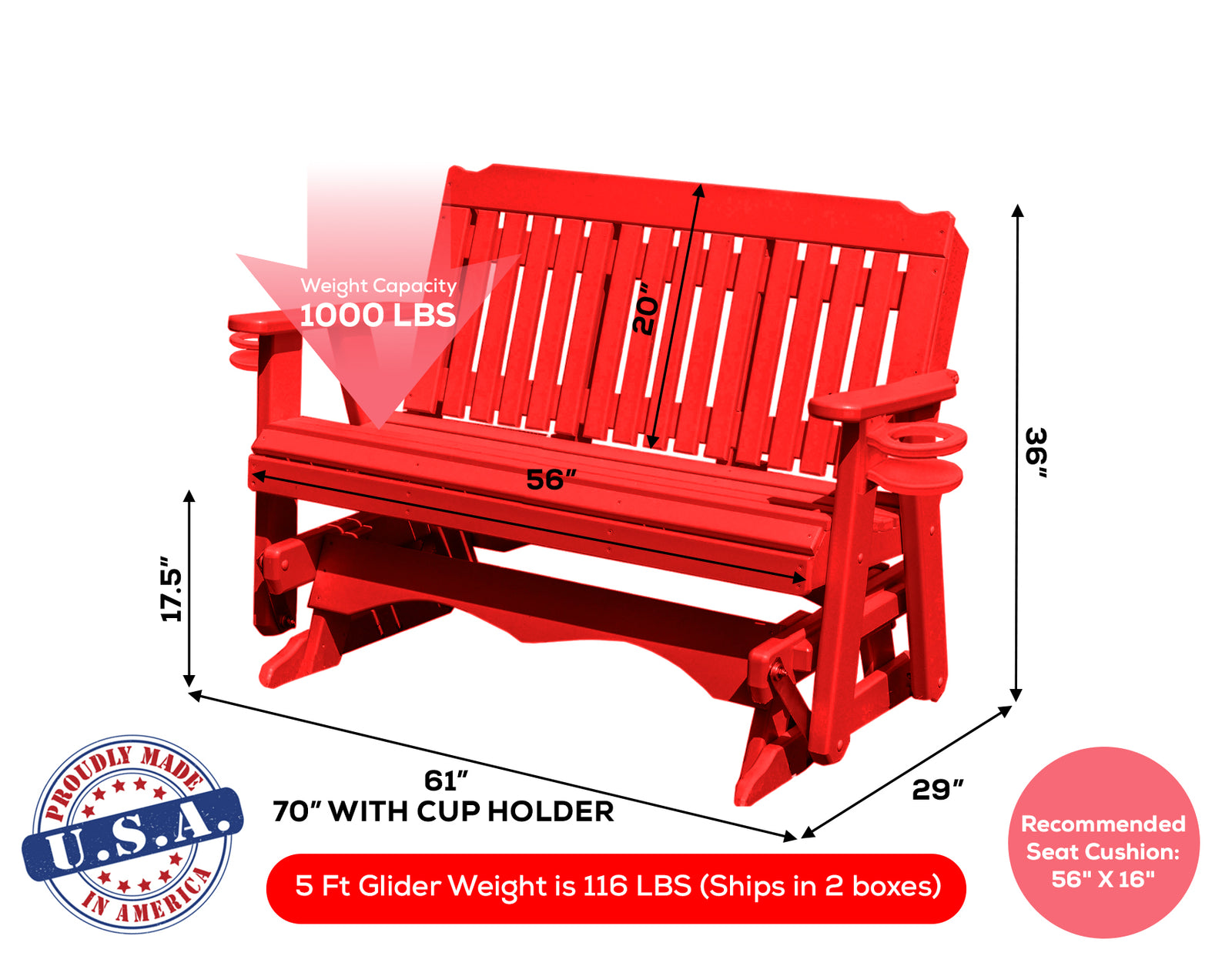 Amish Made Logan Series  Poly Plastic Lumber Wood Glider Premium Colors Made in USA HDPE with No wood fibers Memorial Patio Porch  Church Glider Signature design 1000 lbs Limit+G4:G5