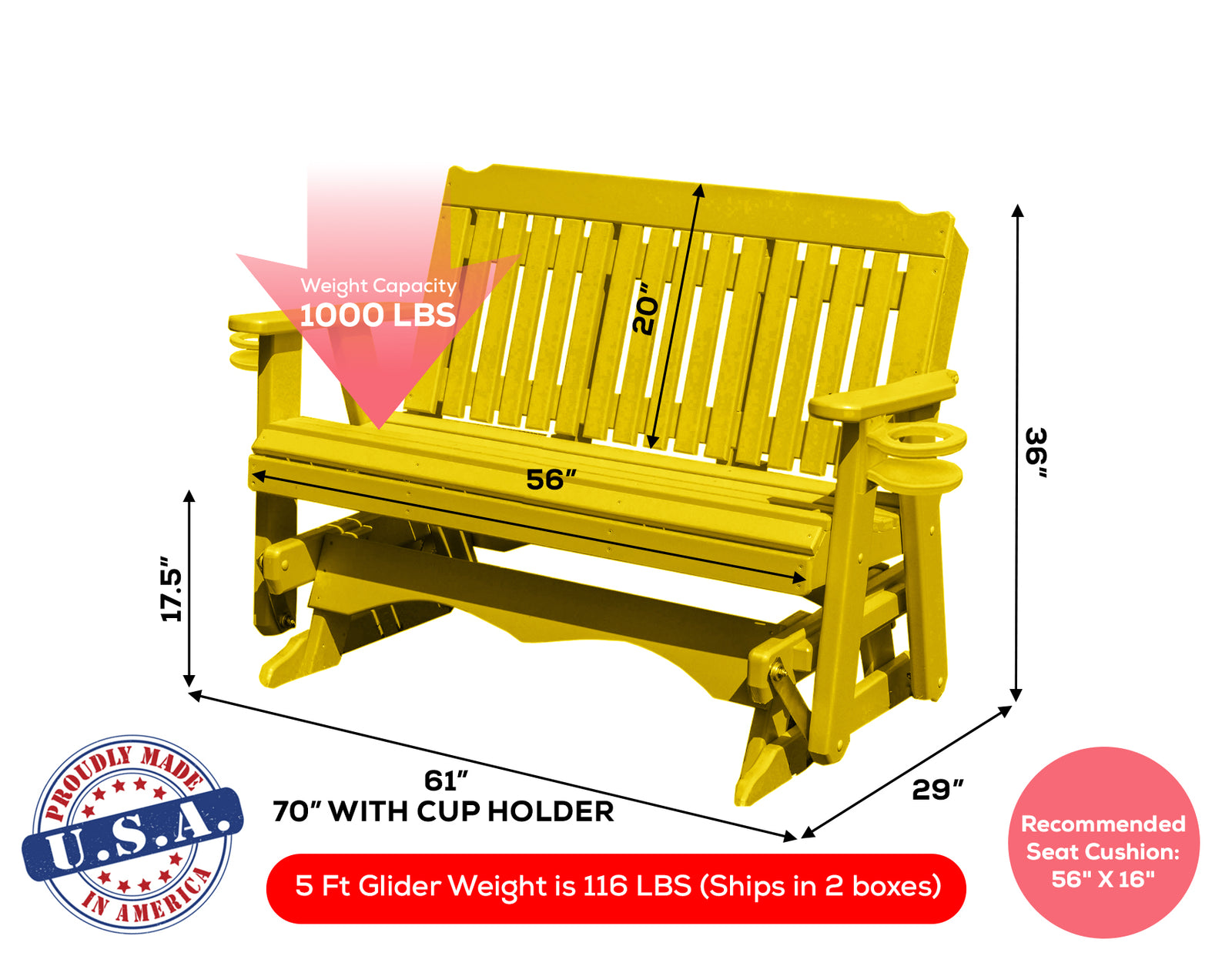 Amish Made Logan Series  Poly Plastic Lumber Wood Glider Premium Colors Made in USA HDPE with No wood fibers Memorial Patio Porch  Church Glider Signature design 1000 lbs Limit+G4:G5