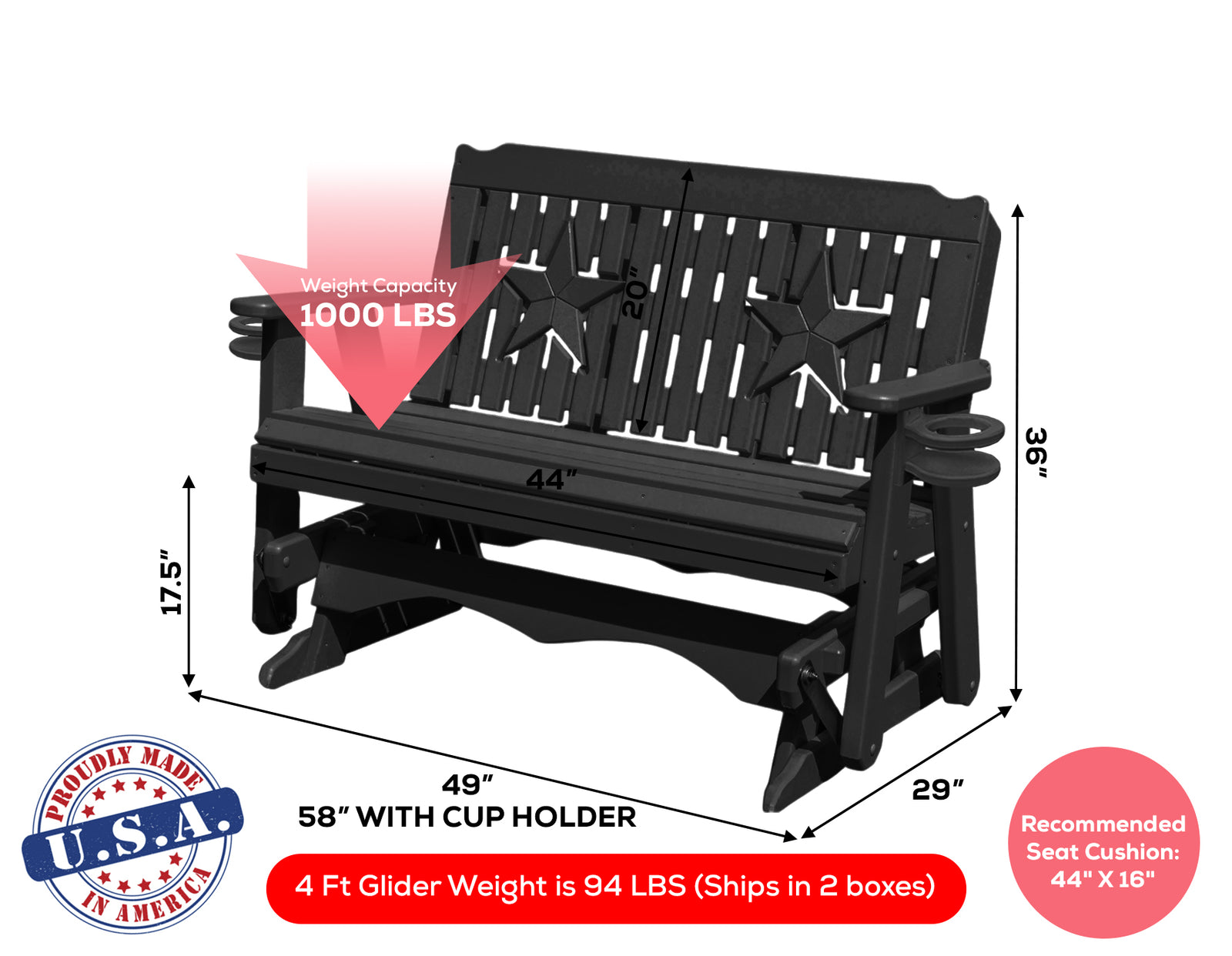Amish Made Star Series Poly Plastic Lumber Wood Glider Premium Colors Made in USA HDPE with No wood fibers Memorial Patio Porch Park Church Glider Signature design 1000 lbs Limit