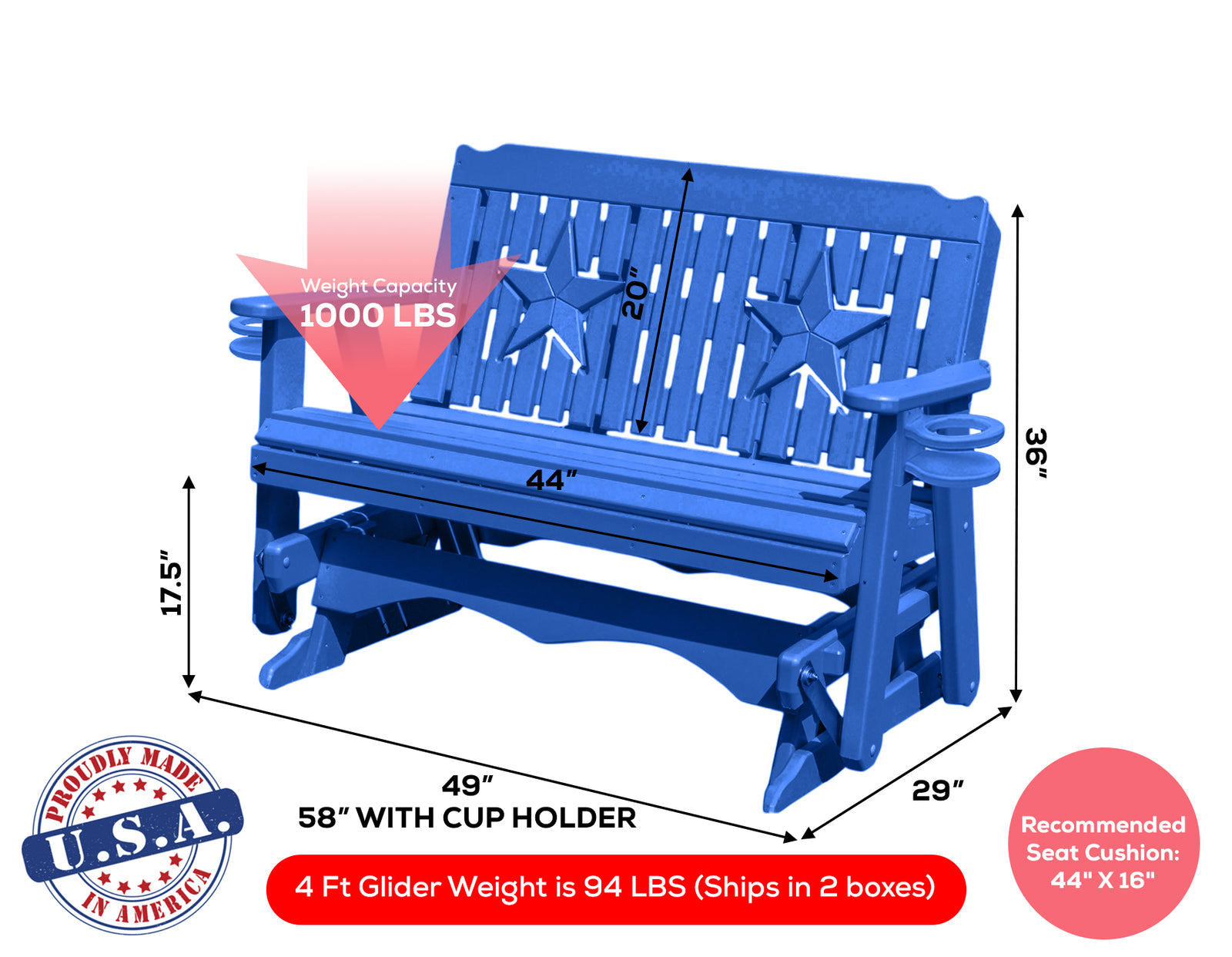 Amish Made Star Series Poly Plastic Lumber Wood Glider Premium Colors Made in USA HDPE with No wood fibers Memorial Patio Porch Park Church Glider Signature design 1000 lbs Limit