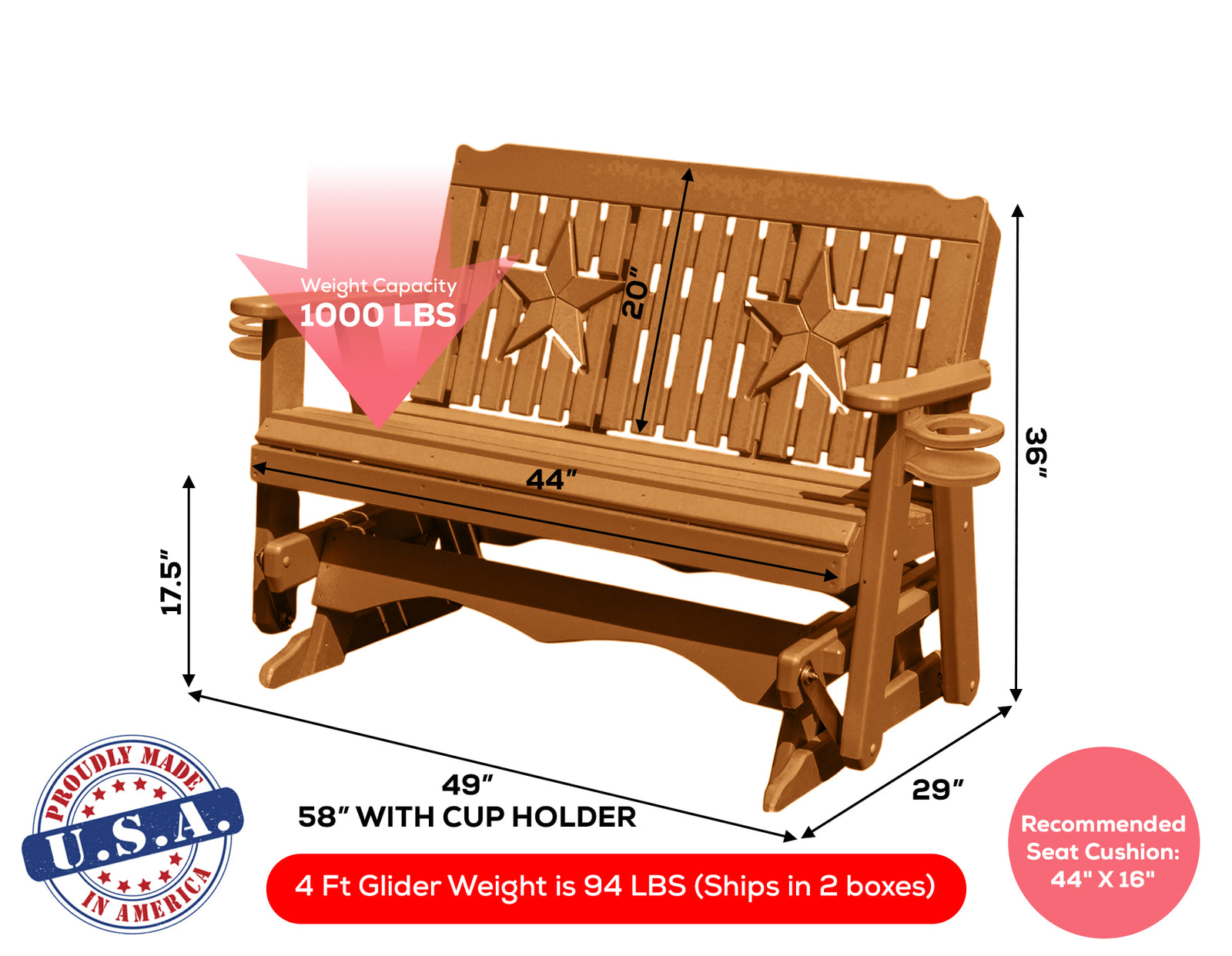Amish Made Star Series Poly Plastic Lumber Wood Glider Premium Colors Made in USA HDPE with No wood fibers Memorial Patio Porch Park Church Glider Signature design 1000 lbs Limit