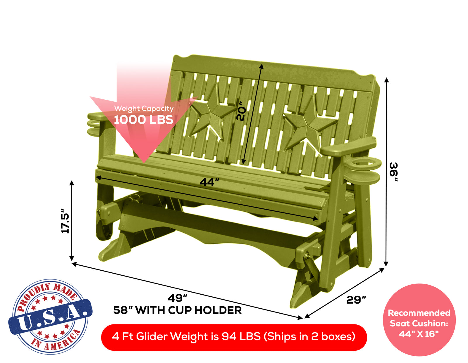 Amish Made Star Series Poly Plastic Lumber Wood Glider Premium Colors Made in USA HDPE with No wood fibers Memorial Patio Porch Park Church Glider Signature design 1000 lbs Limit