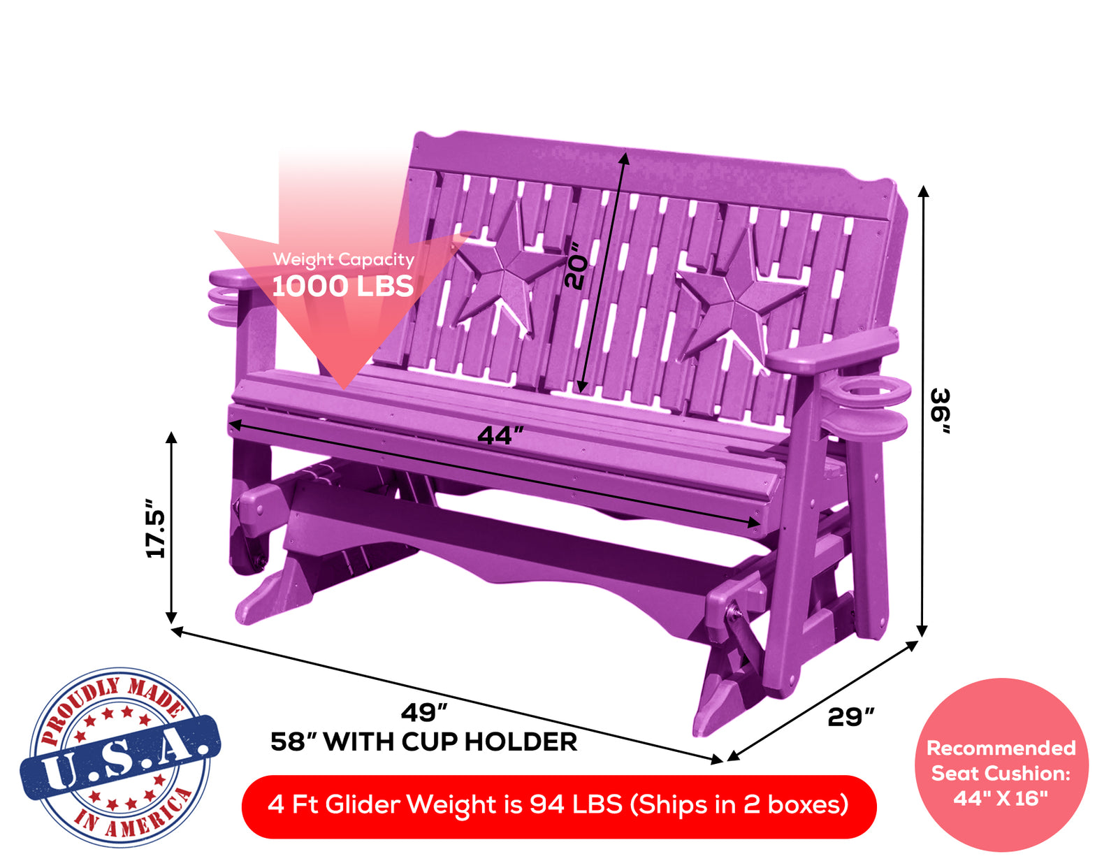 Amish Made Star Series Poly Plastic Lumber Wood Glider Premium Colors Made in USA HDPE with No wood fibers Memorial Patio Porch Park Church Glider Signature design 1000 lbs Limit