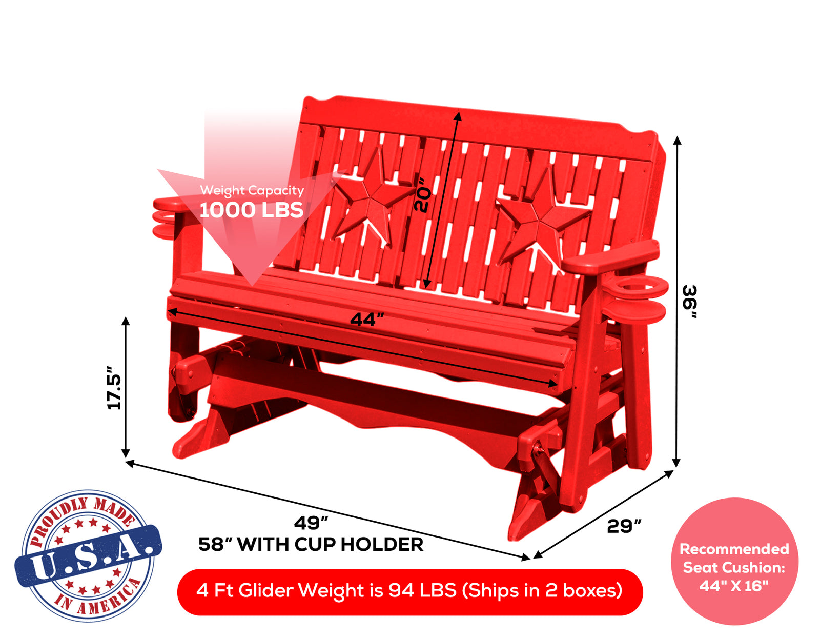 Amish Made Star Series Poly Plastic Lumber Wood Glider Premium Colors Made in USA HDPE with No wood fibers Memorial Patio Porch Park Church Glider Signature design 1000 lbs Limit