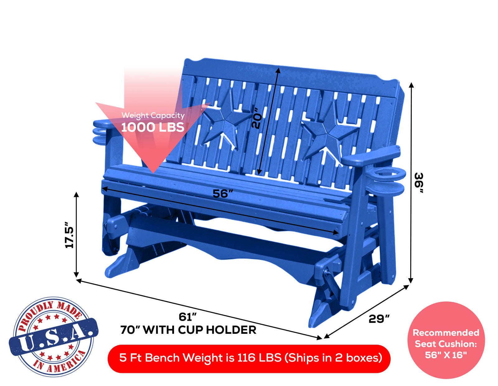 Amish Made Star Series Poly Plastic Lumber Wood Glider Premium Colors Made in USA HDPE with No wood fibers Memorial Patio Porch Park Church Glider Signature design 1000 lbs Limit