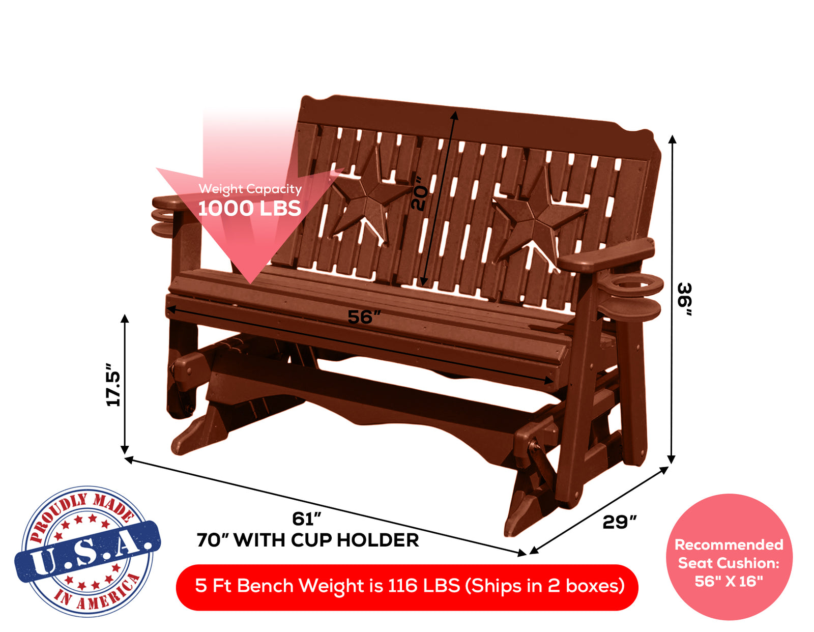 Amish Made Star Series Poly Plastic Lumber Wood Glider Premium Colors Made in USA HDPE with No wood fibers Memorial Patio Porch Park Church Glider Signature design 1000 lbs Limit
