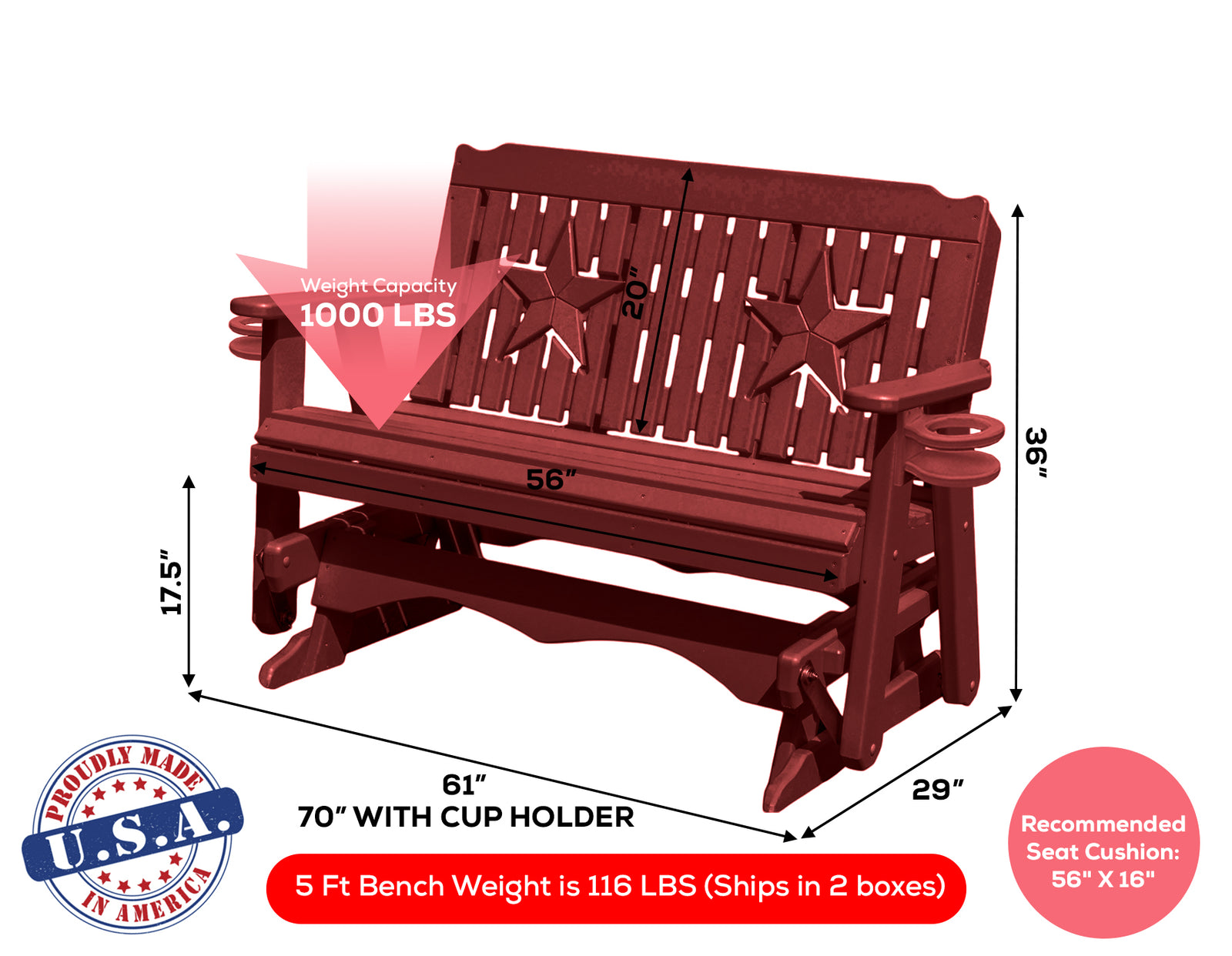 Amish Made Star Series Poly Plastic Lumber Wood Glider Premium Colors Made in USA HDPE with No wood fibers Memorial Patio Porch Park Church Glider Signature design 1000 lbs Limit