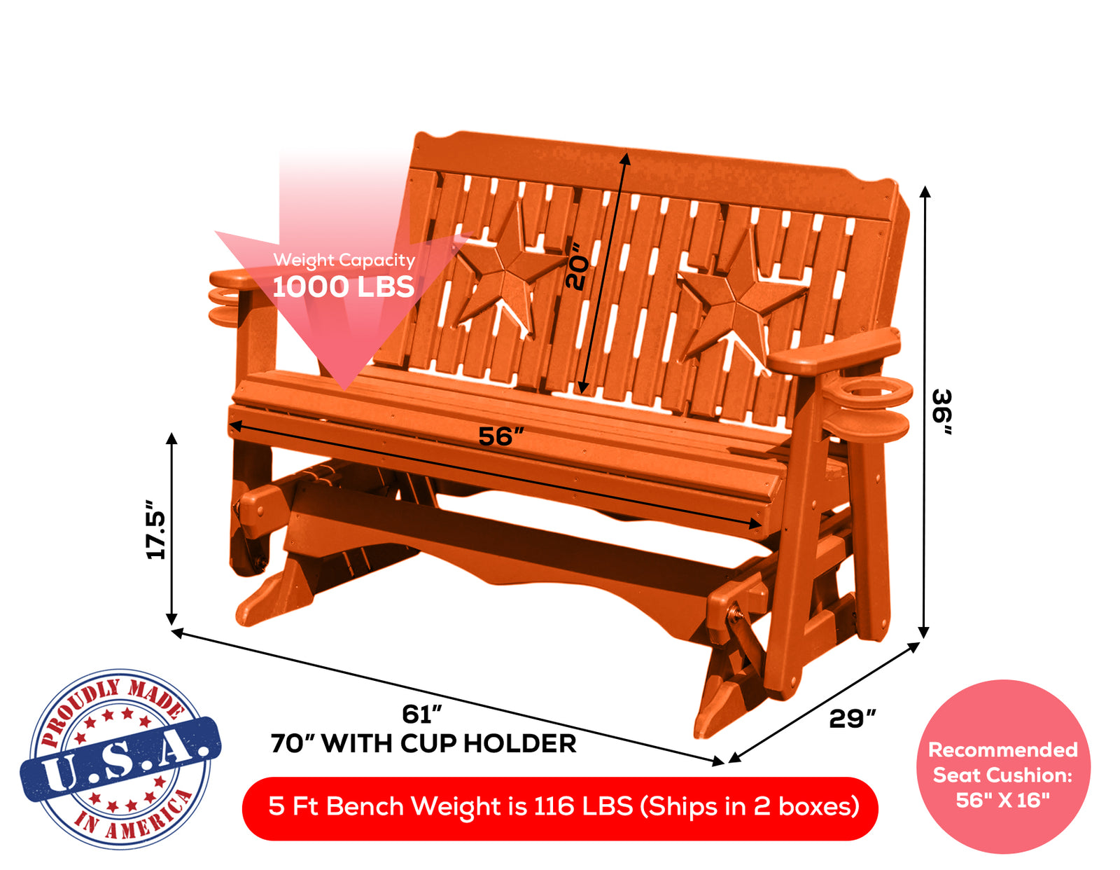 Amish Made Star Series Poly Plastic Lumber Wood Glider Premium Colors Made in USA HDPE with No wood fibers Memorial Patio Porch Park Church Glider Signature design 1000 lbs Limit