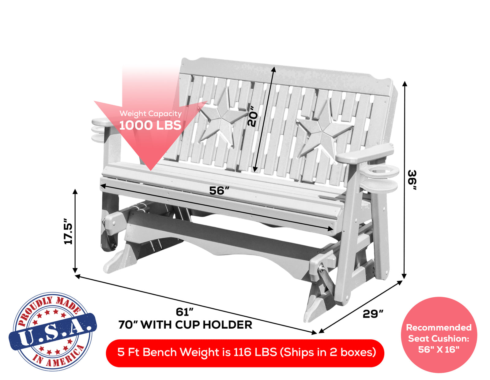 Amish Made Star Series Poly Plastic Lumber Wood Glider Premium Colors Made in USA HDPE with No wood fibers Memorial Patio Porch Park Church Glider Signature design 1000 lbs Limit
