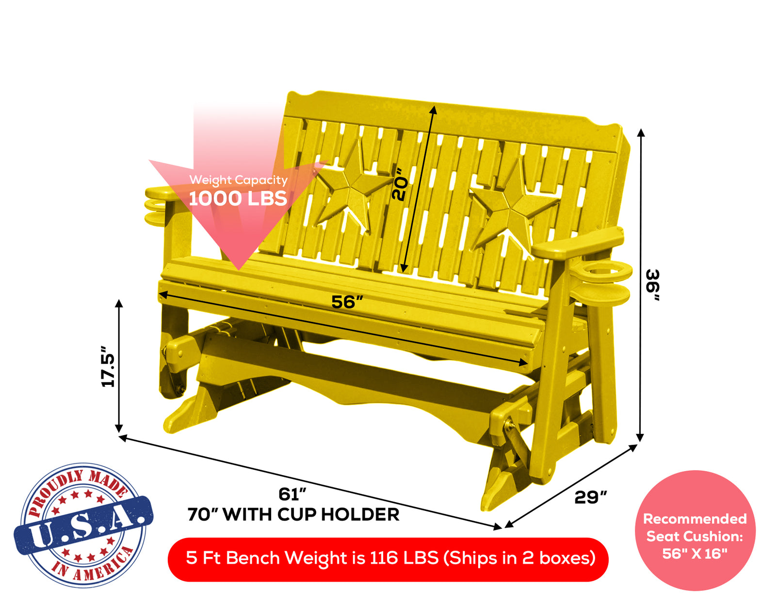 Amish Made Star Series Poly Plastic Lumber Wood Glider Premium Colors Made in USA HDPE with No wood fibers Memorial Patio Porch Park Church Glider Signature design 1000 lbs Limit