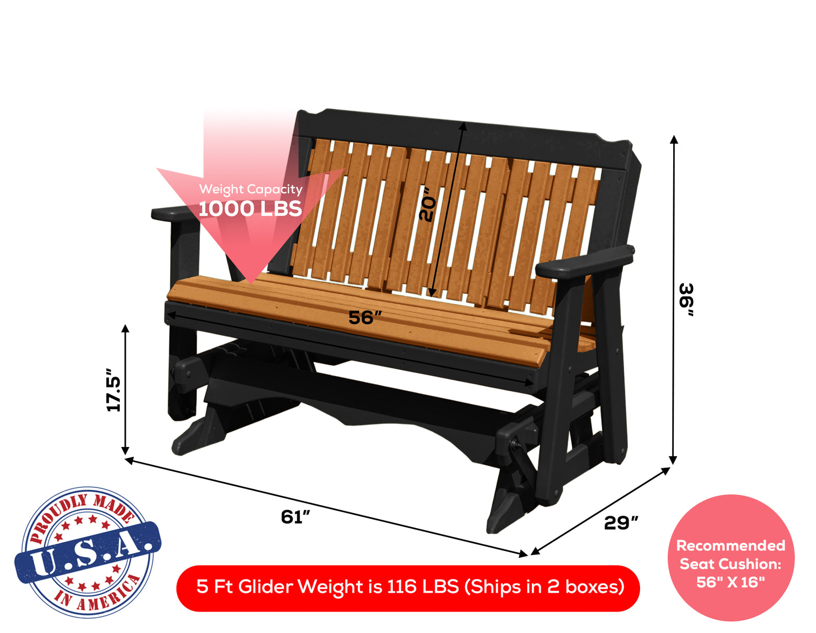 Glider Handmade by Amish Artisans in USA Poly Lumber wood Logan Series Porch Glider Heavy Duty Everlasting PolyTuf HDPE