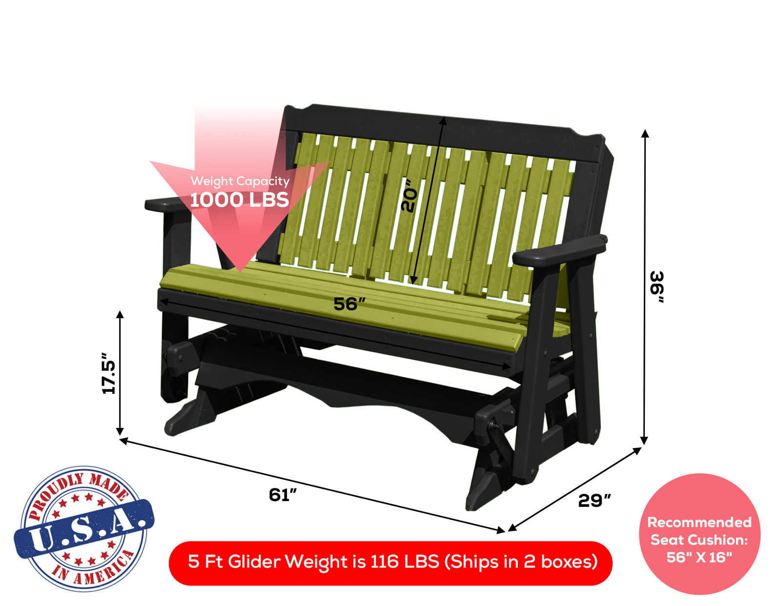 Glider Handmade by Amish Artisans in USA Poly Lumber wood Logan Series Porch Glider Heavy Duty Everlasting PolyTuf HDPE