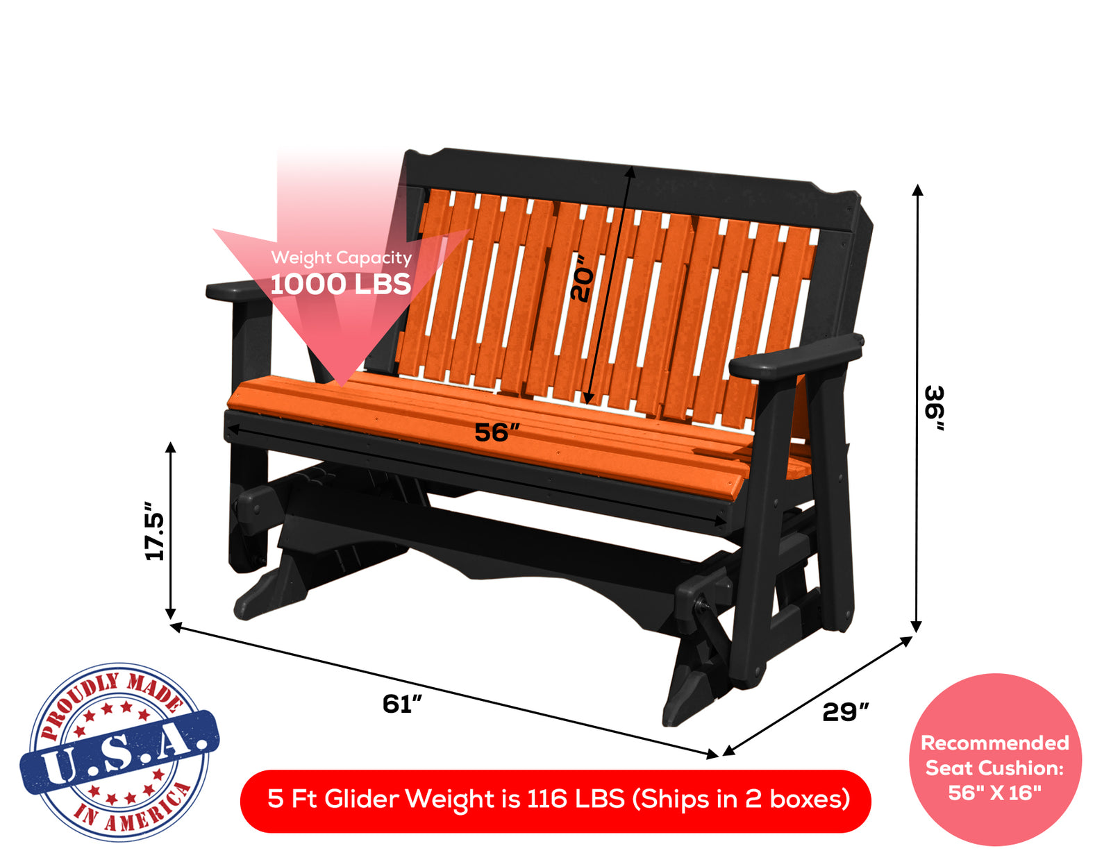Glider Handmade by Amish Artisans in USA Poly Lumber wood Logan Series Porch Glider Heavy Duty Everlasting PolyTuf HDPE