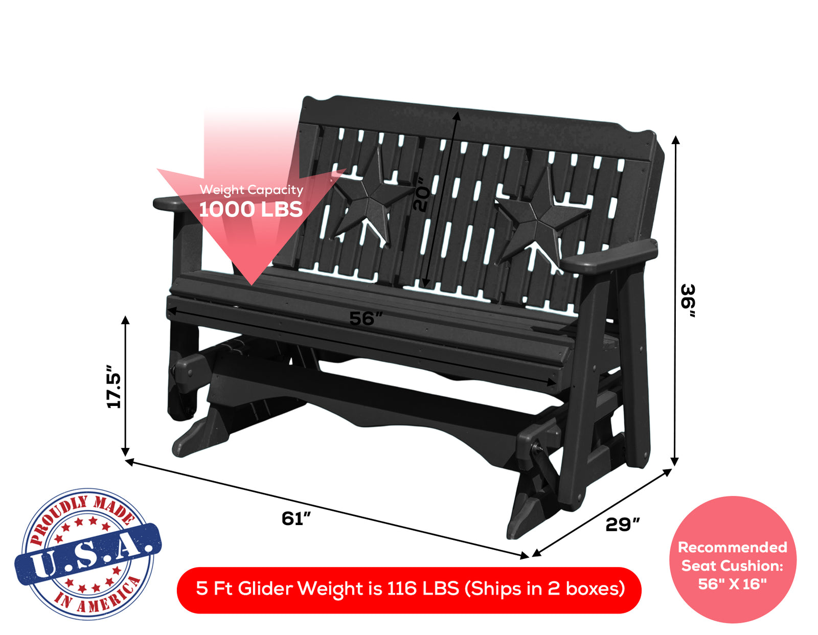 Glider Handmade by Amish Artisans in USA Poly Lumber wood Star Series Porch Glider Heavy Duty Everlasting PolyTuf HDPE
