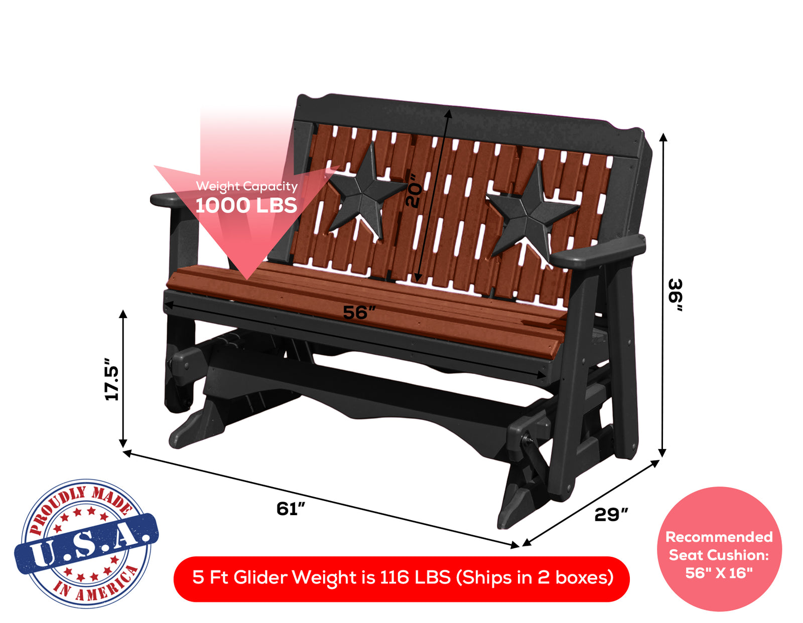 Glider Handmade by Amish Artisans in USA Poly Lumber wood Star Series Porch Glider Heavy Duty Everlasting PolyTuf HDPE