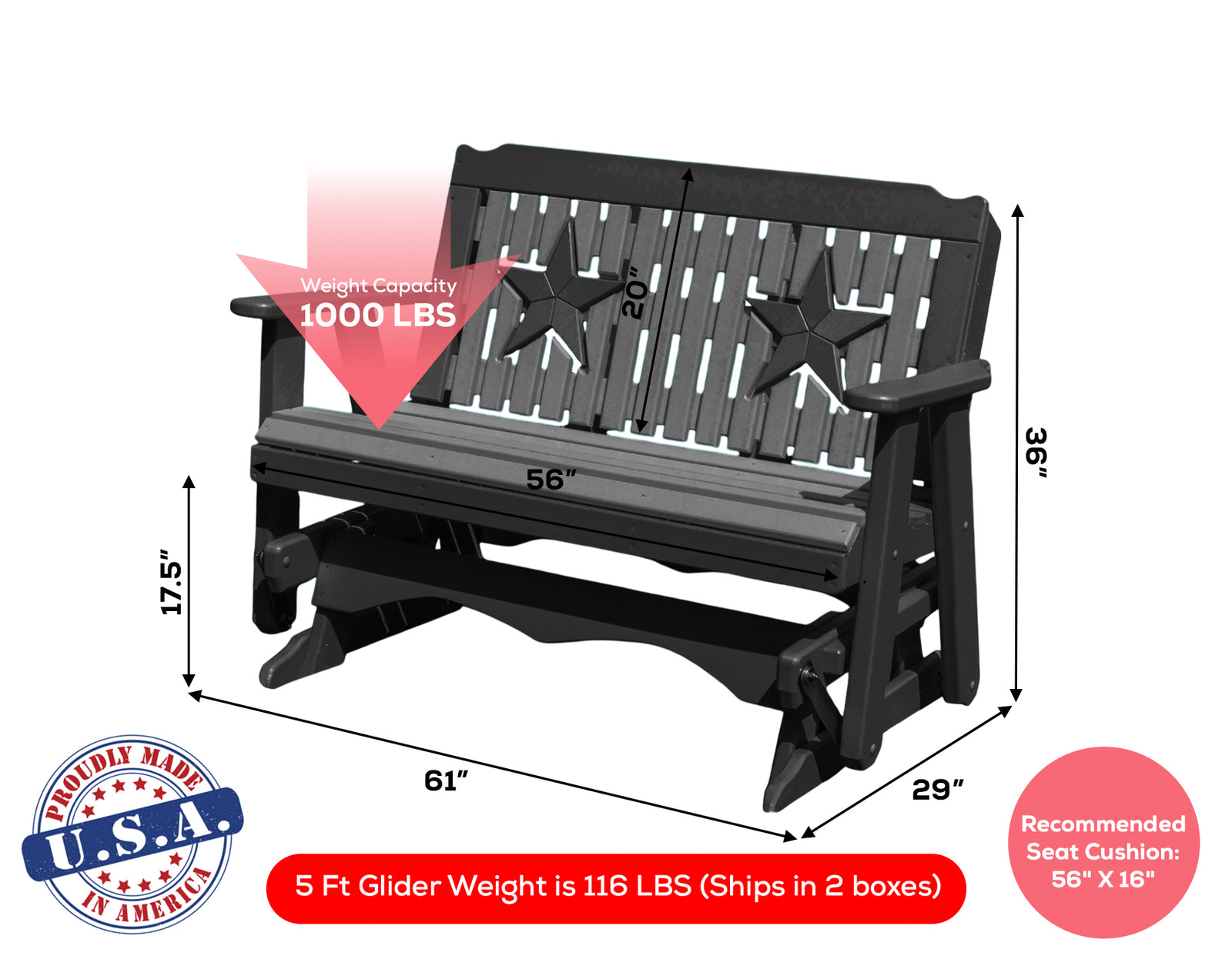 Glider Handmade by Amish Artisans in USA Poly Lumber wood Star Series Porch Glider Heavy Duty Everlasting PolyTuf HDPE