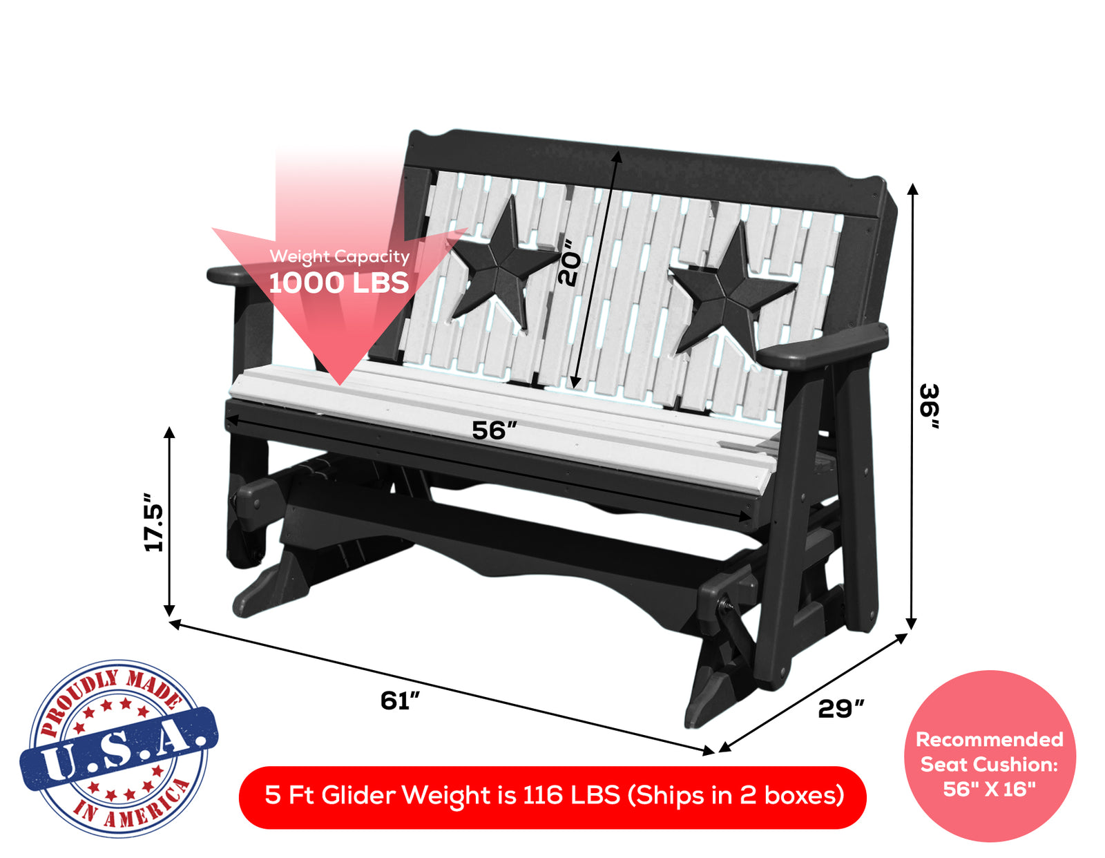 Glider Handmade by Amish Artisans in USA Poly Lumber wood Star Series Porch Glider Heavy Duty Everlasting PolyTuf HDPE