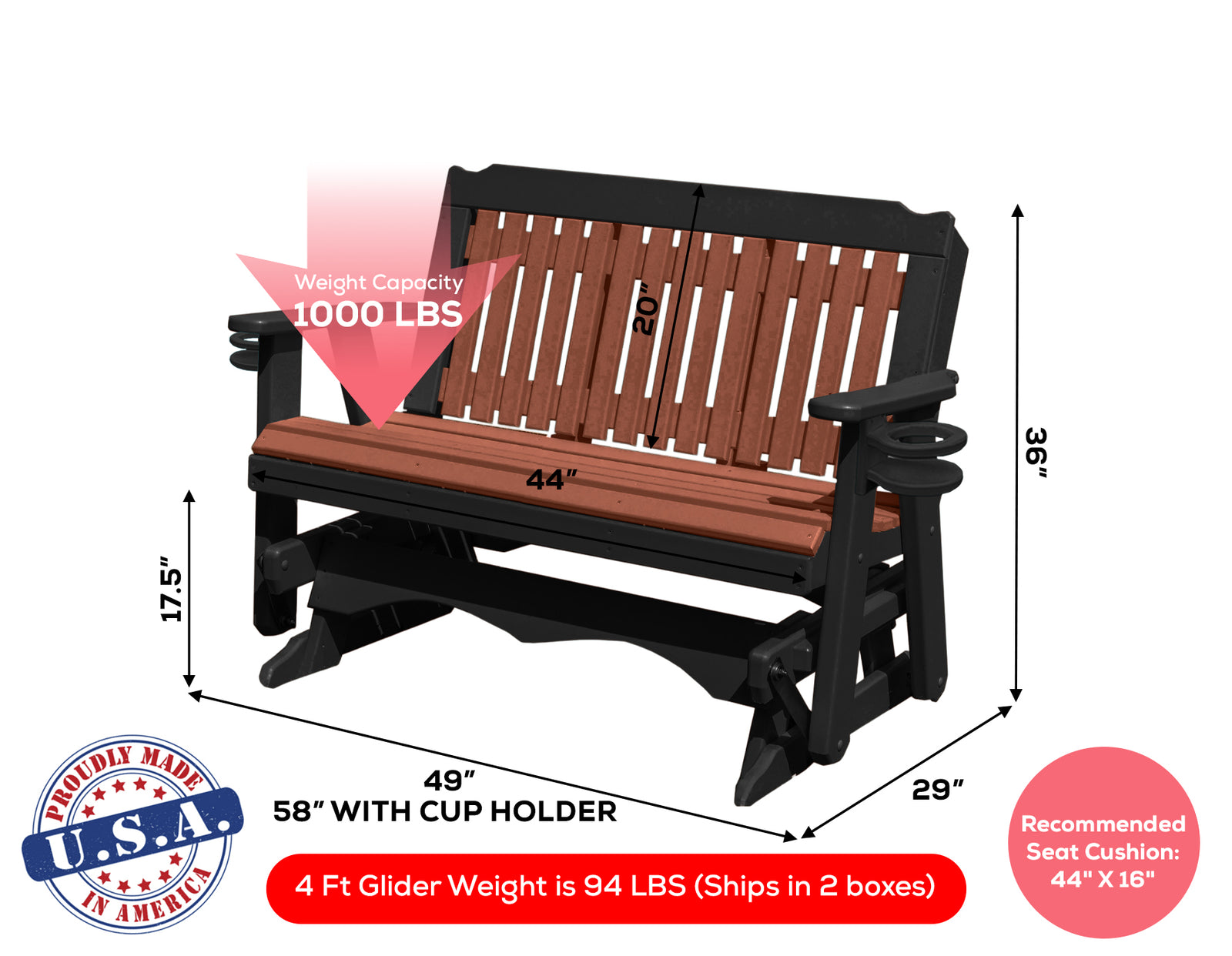Glider Handmade by Amish Artisans in USA Poly Lumber wood Logan Series Porch Glider Heavy Duty Everlasting PolyTuf HDPE