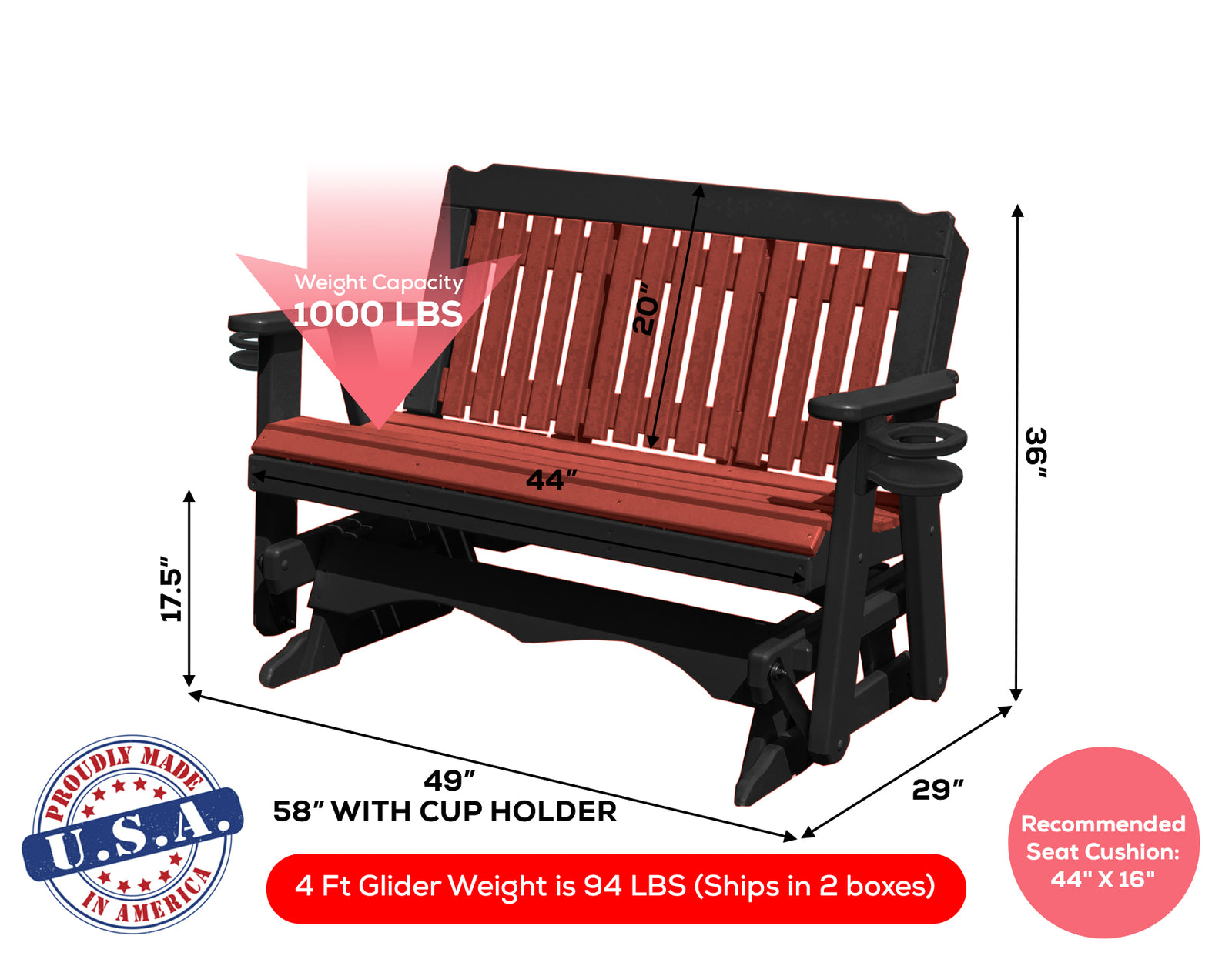 Glider Handmade by Amish Artisans in USA Poly Lumber wood Logan Series Porch Glider Heavy Duty Everlasting PolyTuf HDPE