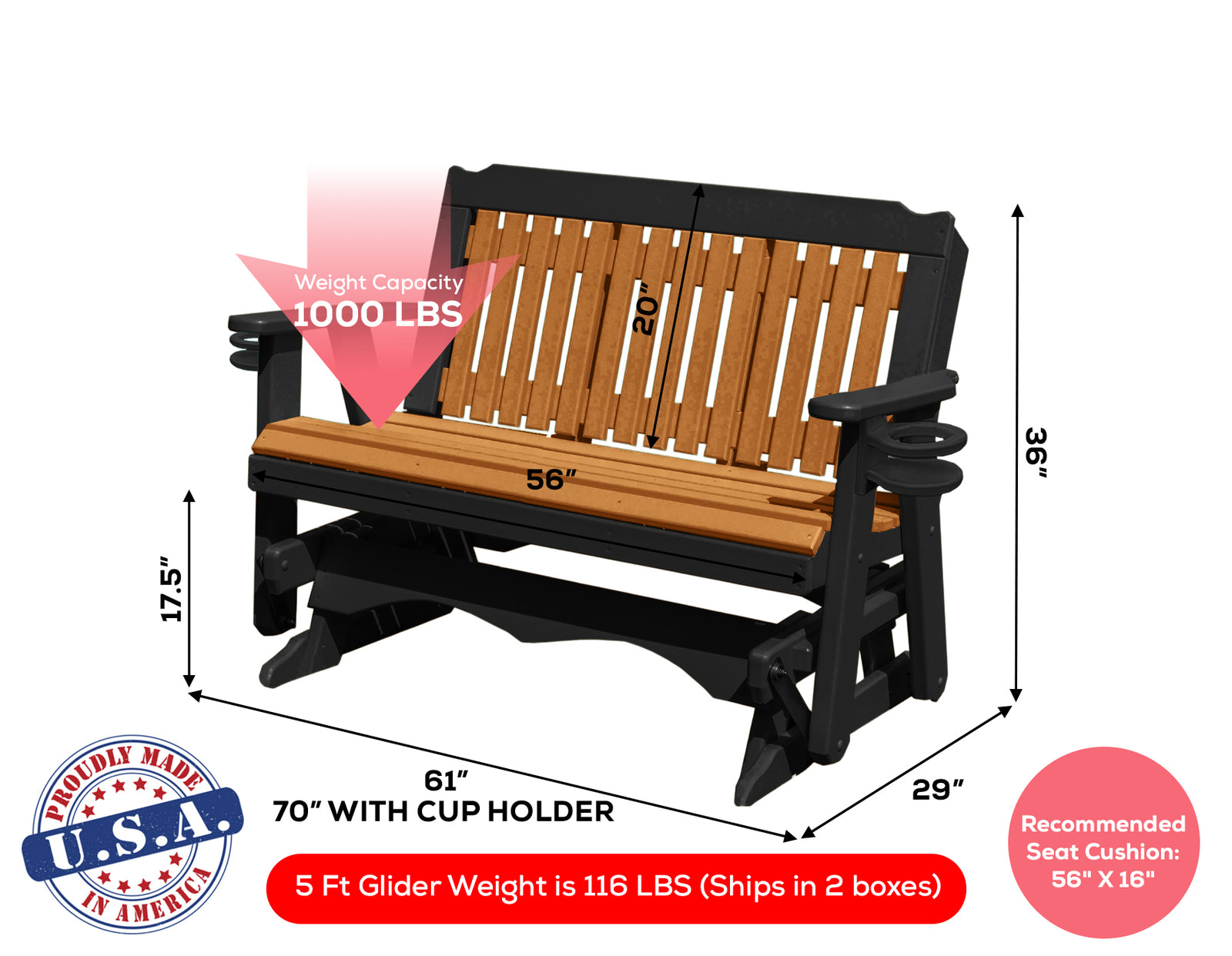 Glider Handmade by Amish Artisans in USA Poly Lumber wood Logan Series Porch Glider Heavy Duty Everlasting PolyTuf HDPE