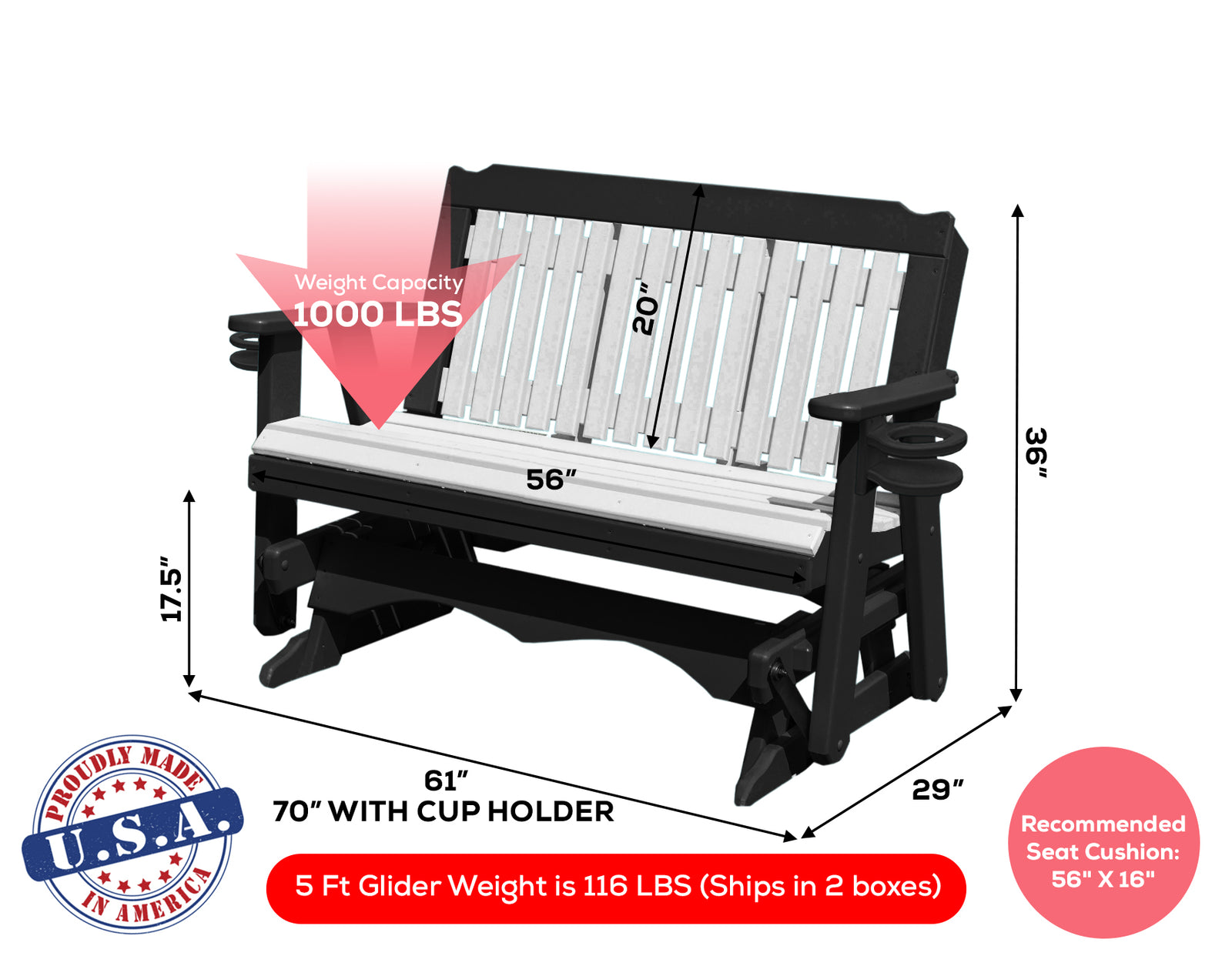 Glider Handmade by Amish Artisans in USA Poly Lumber wood Logan Series Porch Glider Heavy Duty Everlasting PolyTuf HDPE