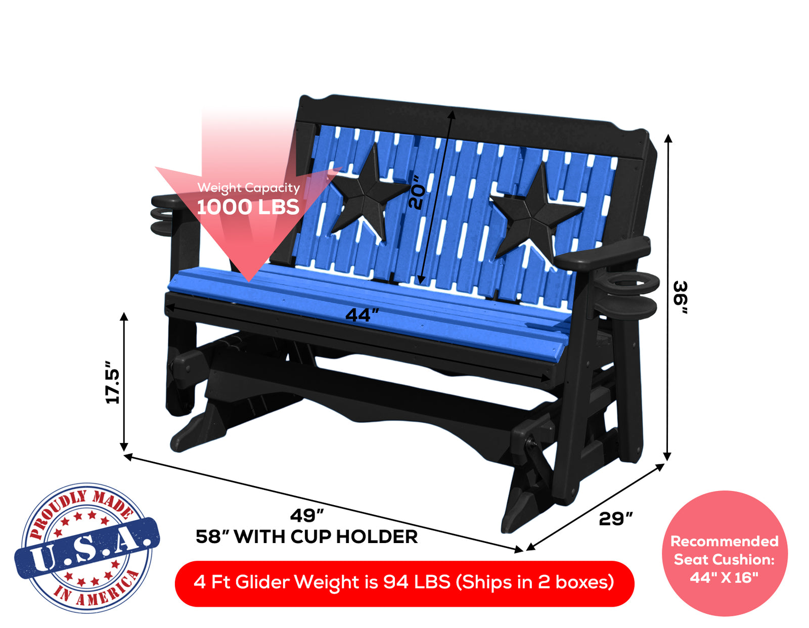 Glider Handmade by Amish Artisans in USA Poly Lumber wood Star Series Porch Glider Heavy Duty Everlasting PolyTuf HDPE