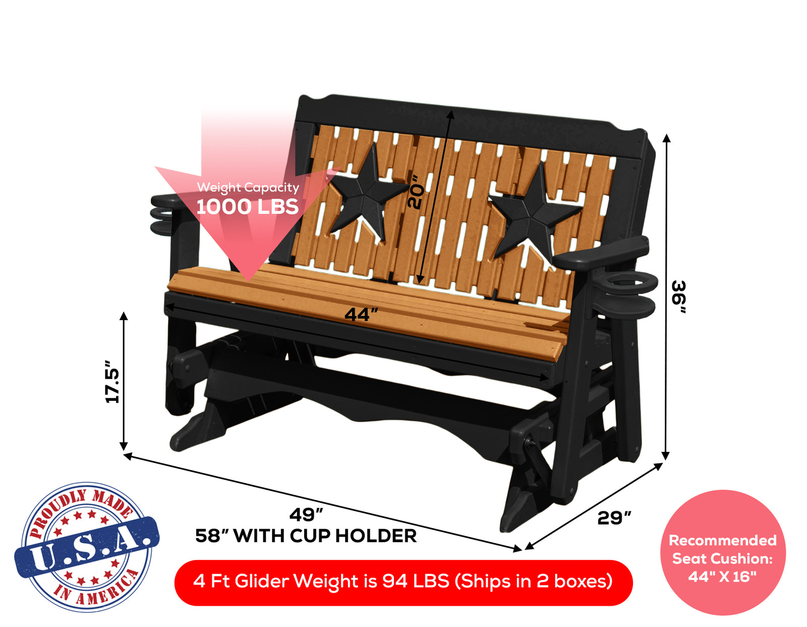 Glider Handmade by Amish Artisans in USA Poly Lumber wood Star Series Porch Glider Heavy Duty Everlasting PolyTuf HDPE