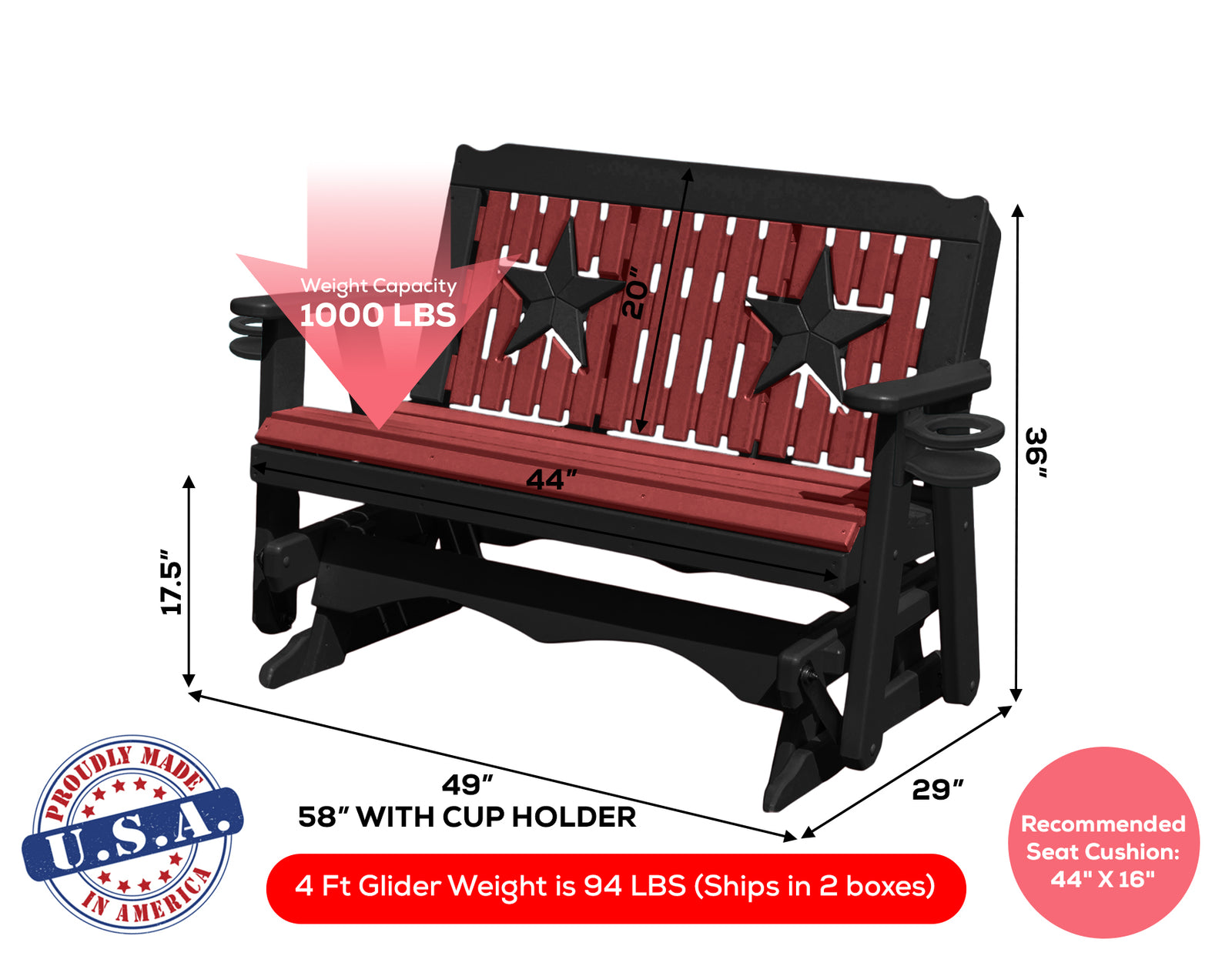 Glider Handmade by Amish Artisans in USA Poly Lumber wood Star Series Porch Glider Heavy Duty Everlasting PolyTuf HDPE