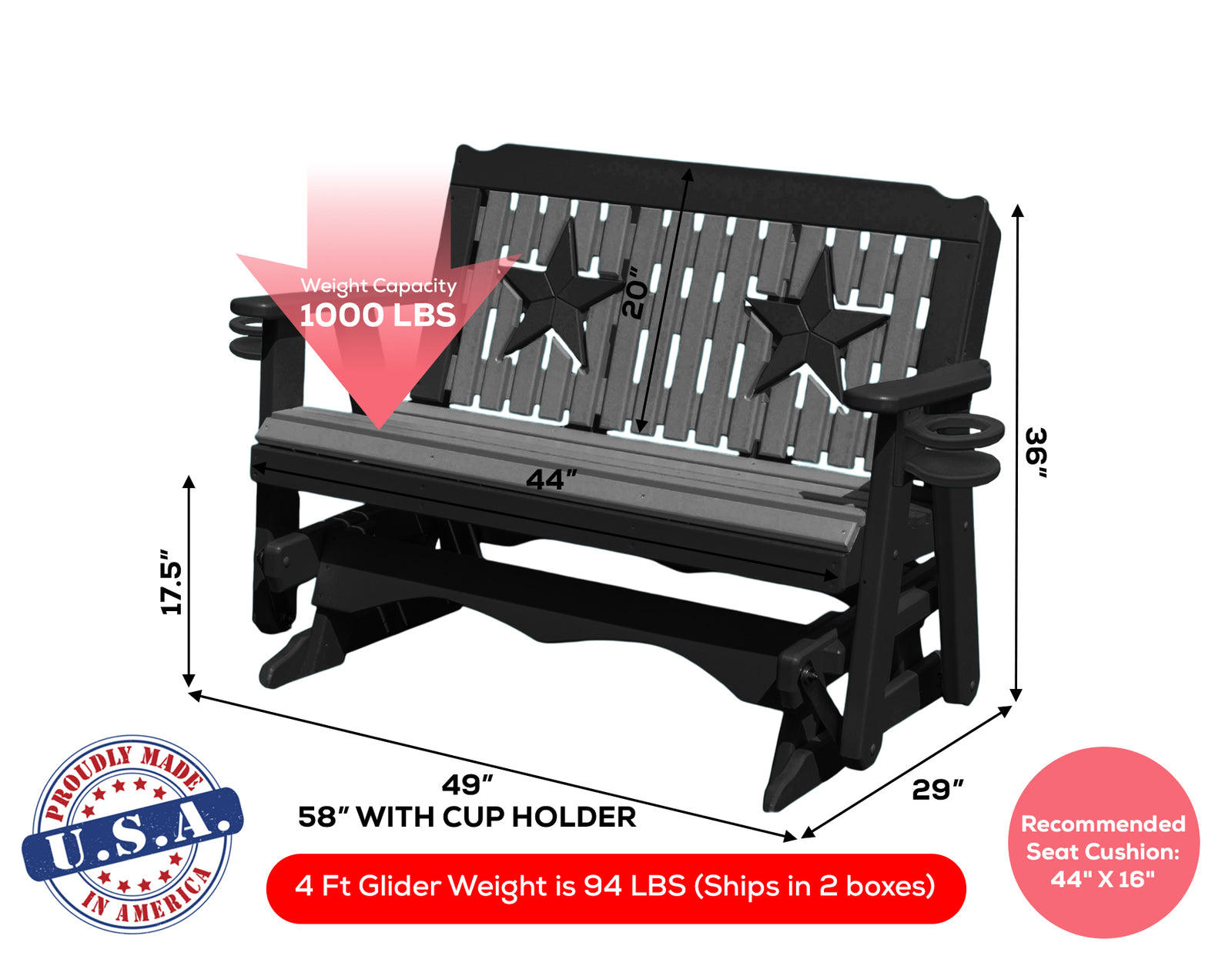 Glider Handmade by Amish Artisans in USA Poly Lumber wood Star Series Porch Glider Heavy Duty Everlasting PolyTuf HDPE