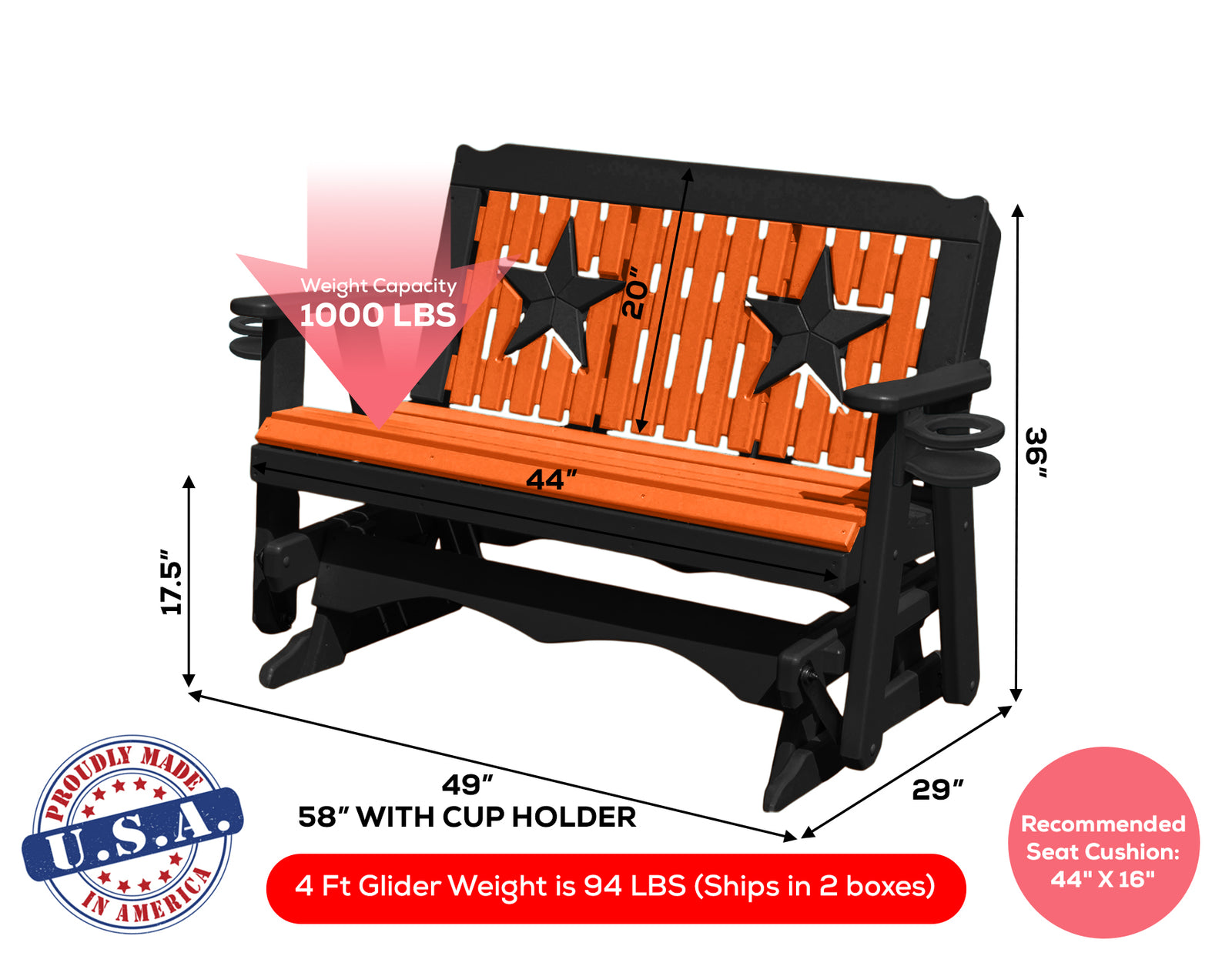 Glider Handmade by Amish Artisans in USA Poly Lumber wood Star Series Porch Glider Heavy Duty Everlasting PolyTuf HDPE