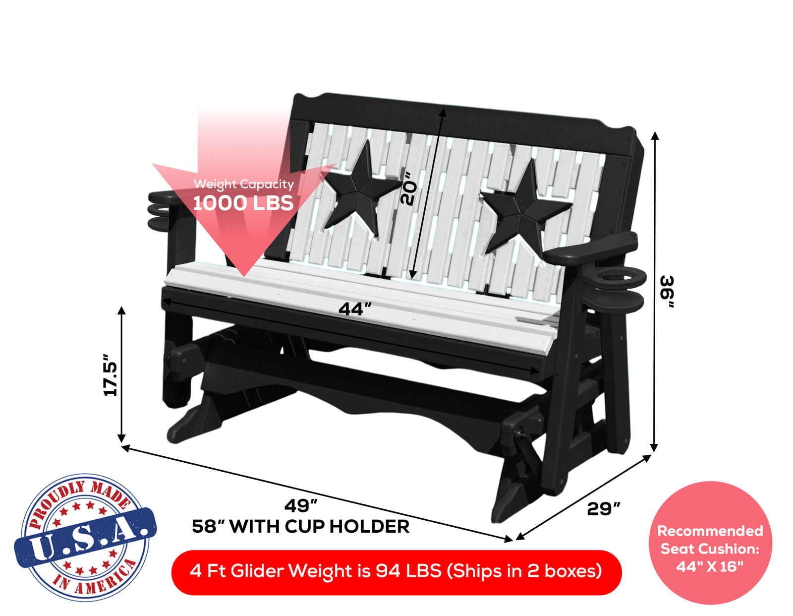 Glider Handmade by Amish Artisans in USA Poly Lumber wood Star Series Porch Glider Heavy Duty Everlasting PolyTuf HDPE