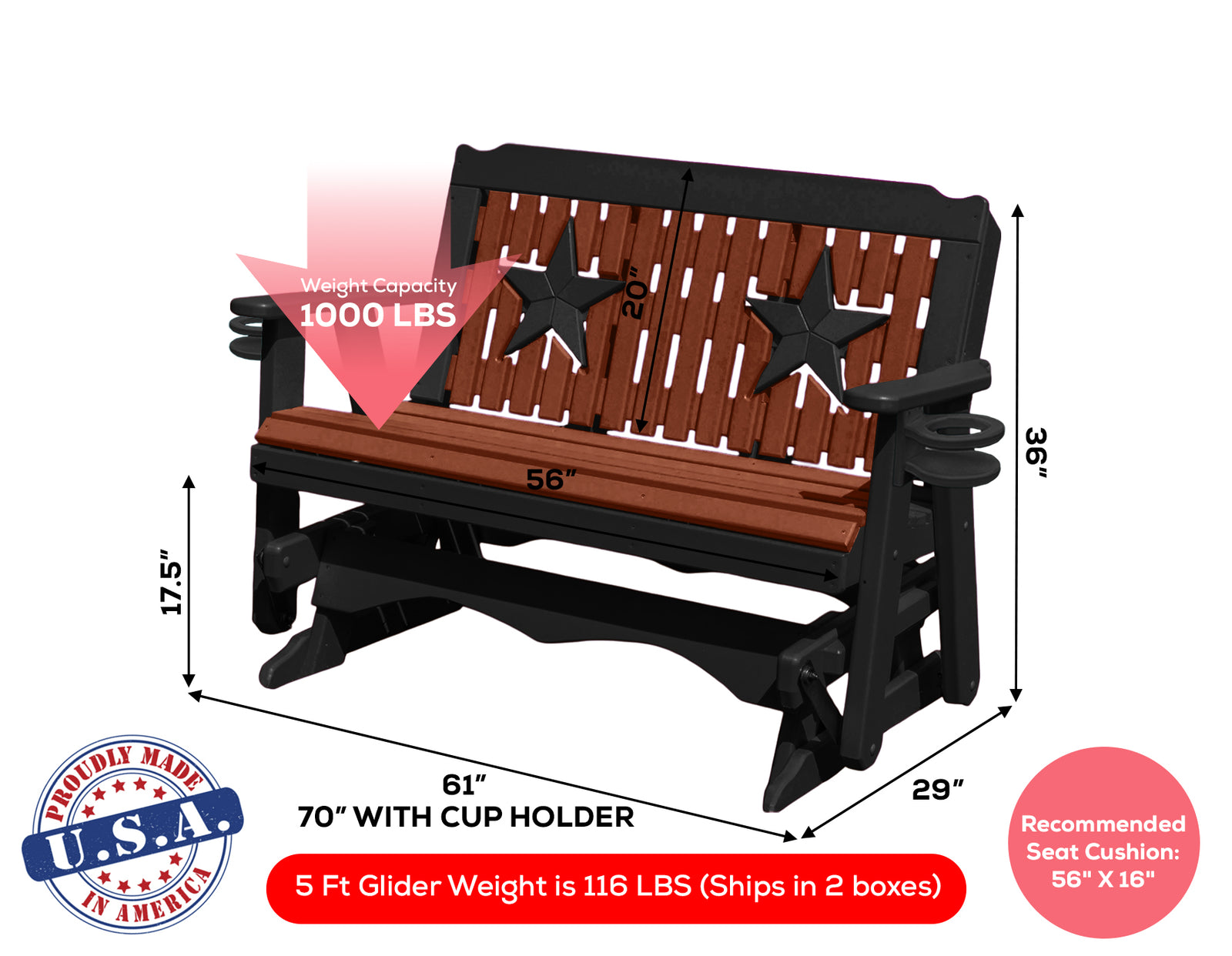 Glider Handmade by Amish Artisans in USA Poly Lumber wood Star Series Porch Glider Heavy Duty Everlasting PolyTuf HDPE