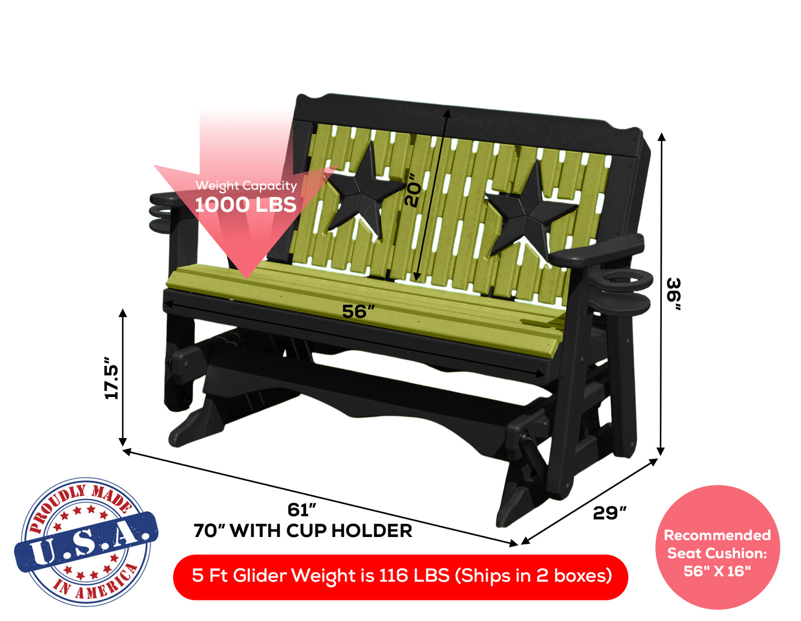 Glider Handmade by Amish Artisans in USA Poly Lumber wood Star Series Porch Glider Heavy Duty Everlasting PolyTuf HDPE