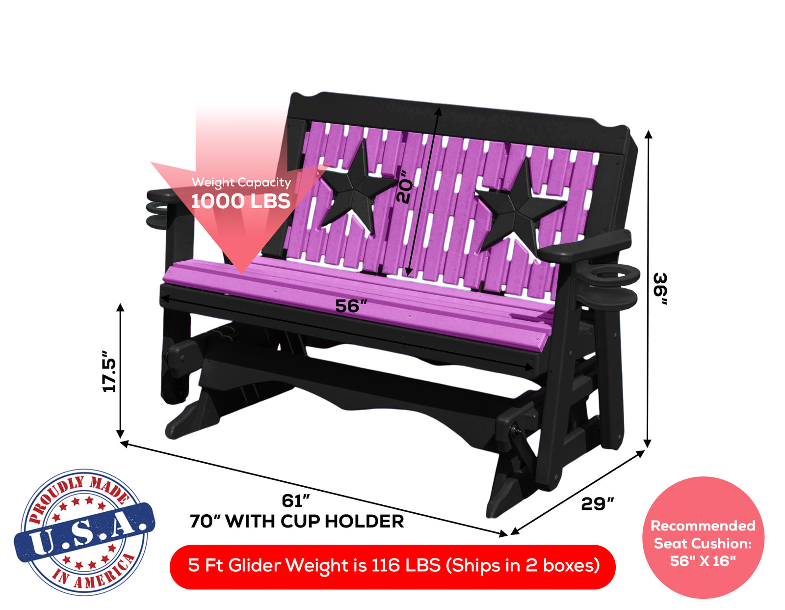 Glider Handmade by Amish Artisans in USA Poly Lumber wood Star Series Porch Glider Heavy Duty Everlasting PolyTuf HDPE