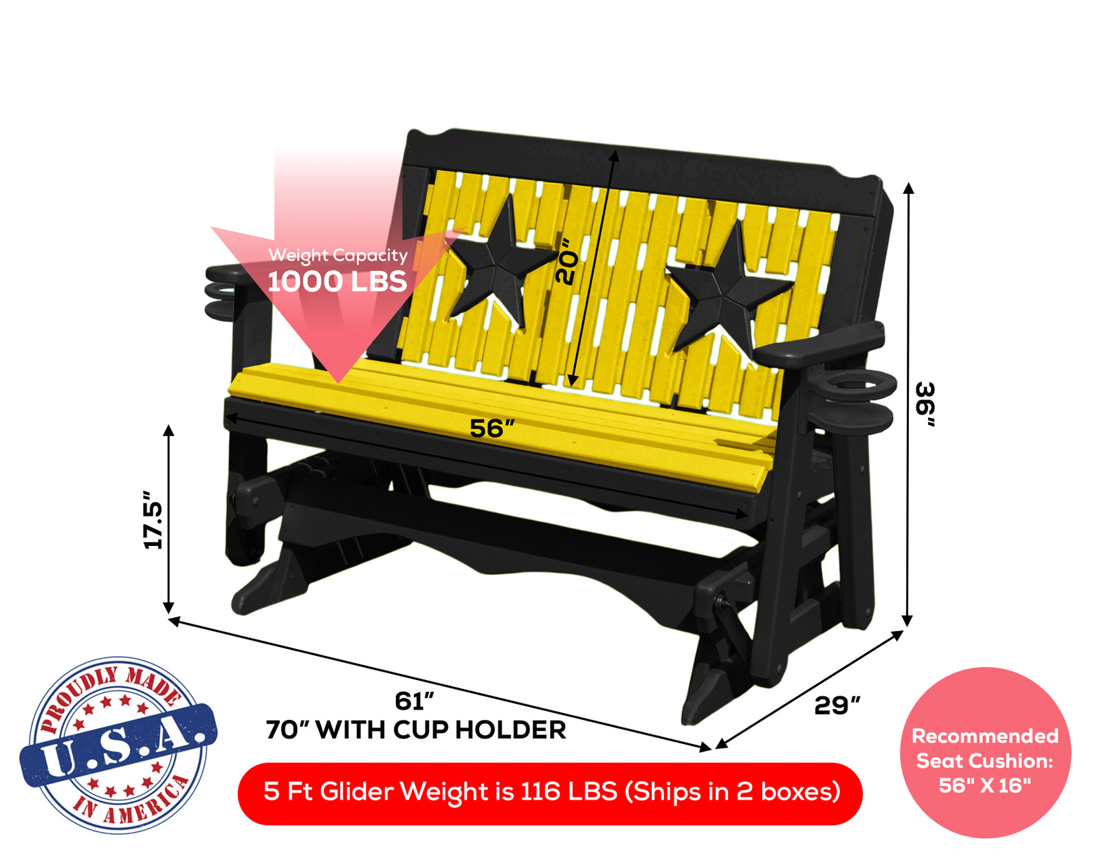 Glider Handmade by Amish Artisans in USA Poly Lumber wood Star Series Porch Glider Heavy Duty Everlasting PolyTuf HDPE